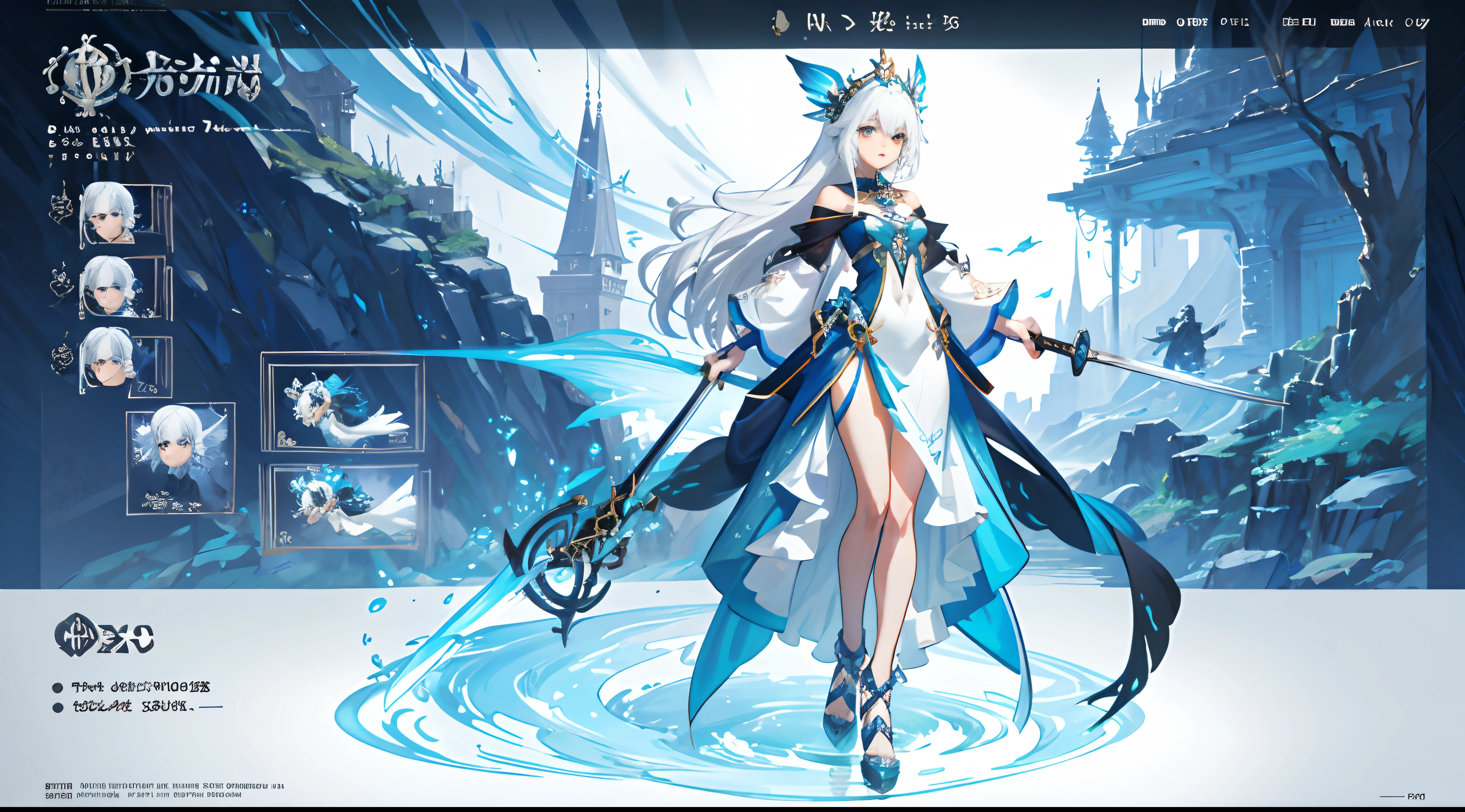 a picture of a woman with white hair and blue dress holding a sword, fantasy art style, trending on artstation pixiv, epic fantasy art style, fanart best artstation, water fairy, fantasy character design, fantasy style art, (high quality character design:0,5), detailed anime character art, character design art, detailed digital 2d fantasy art, Divine:1, better quality, 8k, full body, white background, solo, 1girl, expressive eyes, fish inspired clothes, ocean themed, Magic water elements