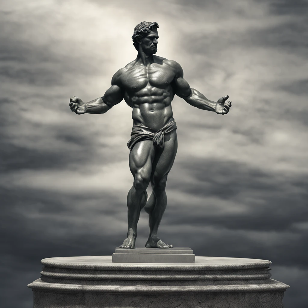 melhor qualidade, master part, ultrahigh-resolution, (fotografia realista:1.4), Statue man alone with very beautiful muscle, barba grande, Greek statue style, imagem em escala cinza, in a position of grandeur, mostrando da cintura para cima