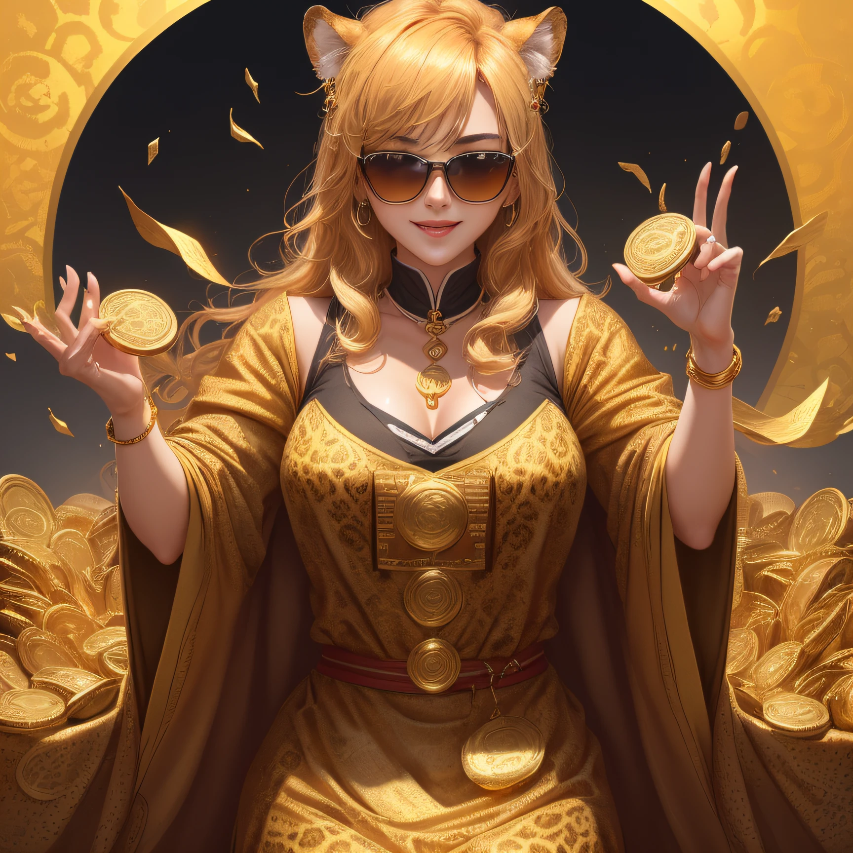 (a poster), bumper harvest, Best quality, Super detailed, illustration, The graph is centered, Leopard head， upperbody closeup, Boss, Wearing sunglasses, Leopard print suit, Head down, Happy expression, celebrating, Many gold coins,money， cheer, comfortable, Hold funds, jin shan, wide - angle shot, Top-down shooting, distance, (far away from camera), Many gold coins in the background，Golden vibe