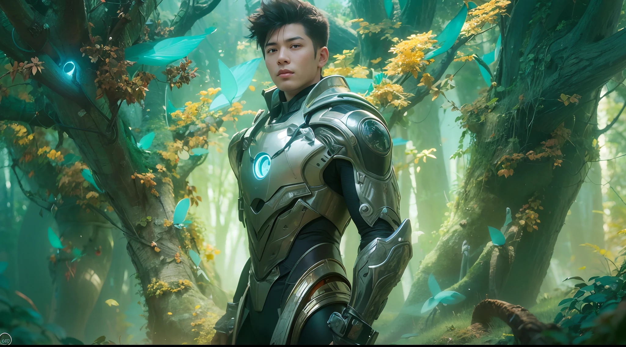 1boy, photo of very very handsome suave smiling young 25-year-old male Chinese prince, clothed in futuristic cybernetic armor, wearing a large futuristic crown, walking in an ethereal enchanted forest with neon glowing flowers and a rainbow in the sky, sci-fi, intricate, neon light, ((perfect face)), ((perfect hands)), ((perfect body)), ((correct anatomy)), ((ultra-realistic)), ((8k, UHD)), highly detailed, digital painting, artstation, concept art, human anatomy, soft light, smooth, illustration, art by tian zi and craig mullins and WLOP and alphonse mucha