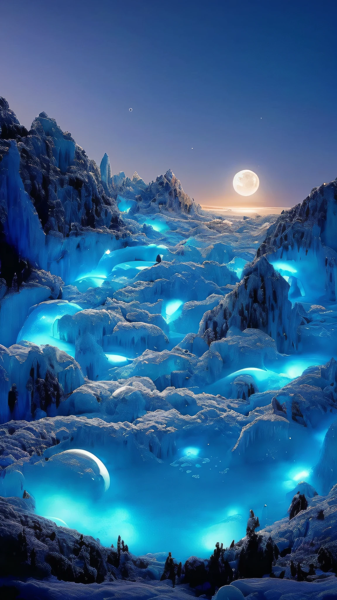 There is a lot of ice on the ground,There are blue lights, surreal frozen landscape, icy landscape, glowing blue, Beautiful alien landscape, cold blue colors, Blue-Ice, glowing snow, stunning alien landscape, alien breathtaking landscape, amazing alien landscape, Magnificent background, Epic cool blue lighting, icy road on a planet of lava, ice planet, ice mountain, beautiful moon light