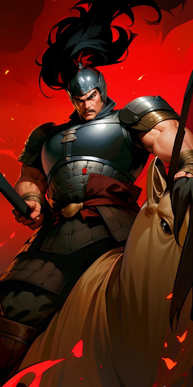 (4K, Best quality, high resolucion:1.1), (Masterpiece:1.1), Un, (Homme chinois:1.2), Between two ages, guerrier, detailled eyes, poils du visage, musculaire, fort, courageux, courageux, puissant, honorable, disciplined, confiant, Regarder le spectateur,
visage, Bracer, casque, armure, Arme de maintien, riding, cheval, noir, rouge,