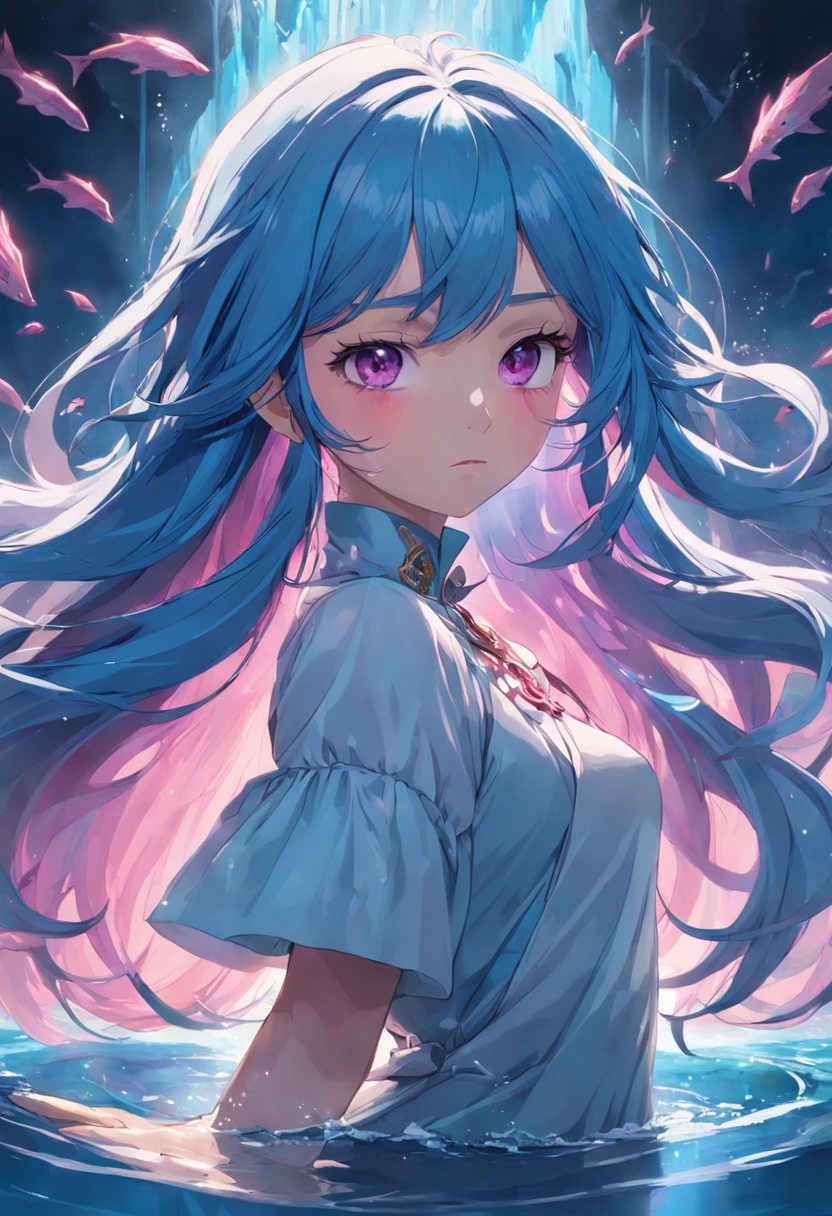 Tori's long, flowing sapphire blue hair is like a cascade of shimmering ocean waves, drawing parallels to her aquatic-themed ring. Her magenta eyes seem to hold a hint of mystery and a touch of magic, reflecting the depths of her soul and the enchantment she weaves through her music. Her fair skin enhances her ethereal beauty, giving her an otherworldly aura.Her choice of attire reflects a blend of elegance and comfort, allowing her to move freely on stage or during her explorations. A white shirt with puffy, long sleeves evokes a sense of whimsy and grace, while her black shorts and boots signify a readiness for adventure. Her ensemble strikes a balance between her dual identities as a celebrated singer and the daughter of renowned explorers.Tori's ring, made of aquamarine, holds not only sentimental value but also an air of mysticism. Its connection to her parents and their legacy imbues her character with a deeper purpose, driving her to discover her own path while honoring their memory.