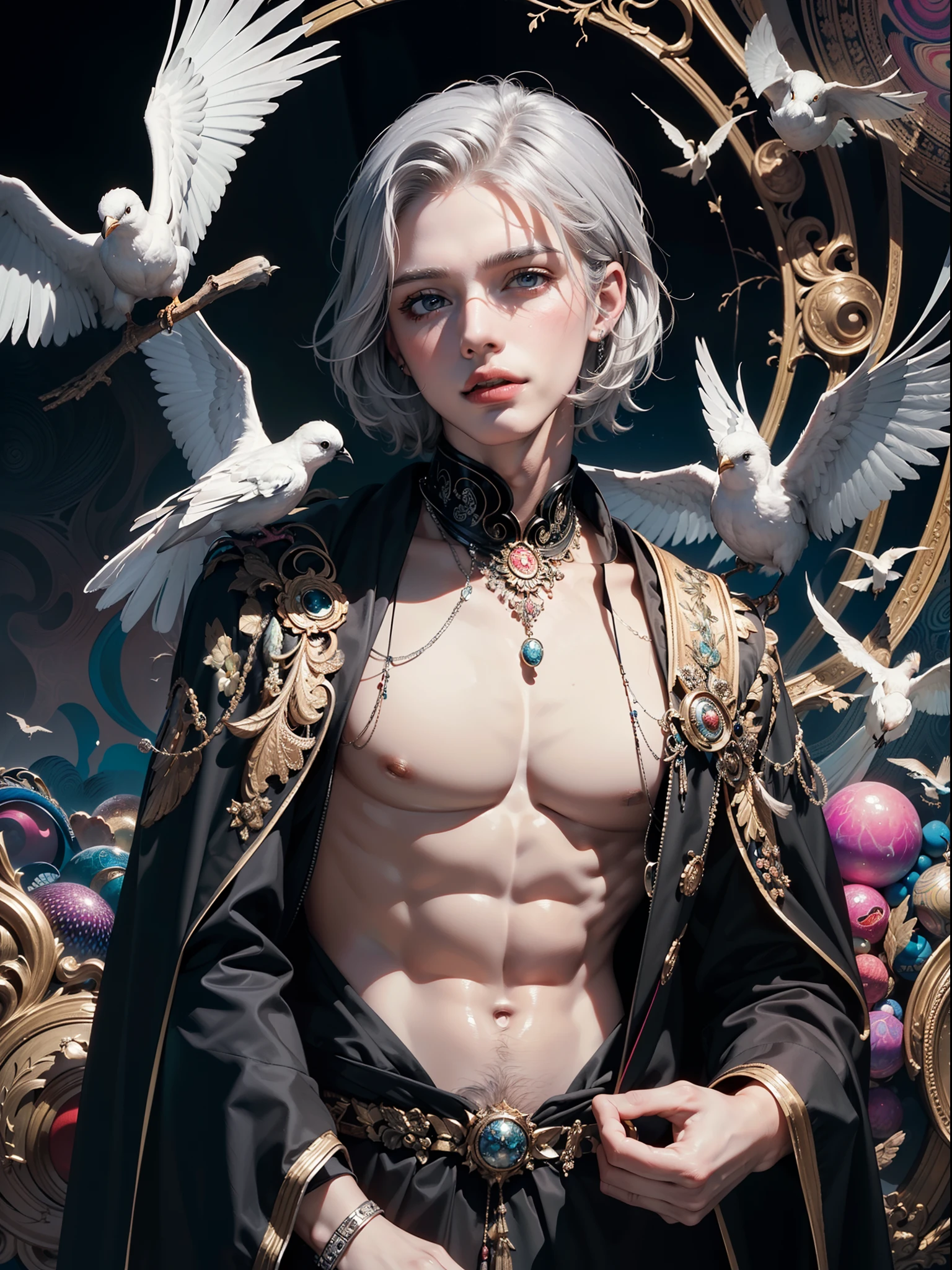 realistic, (masterpiece, top quality, best quality, official art, beautiful and aesthetic:1.2), extremely detailed,fractal art,colorful,highest detailed,zentangle,(abstract background:1.5) (1boy:1.3), (birds),silver hair, bright eyes,hair slicked back, short hair, black robe,