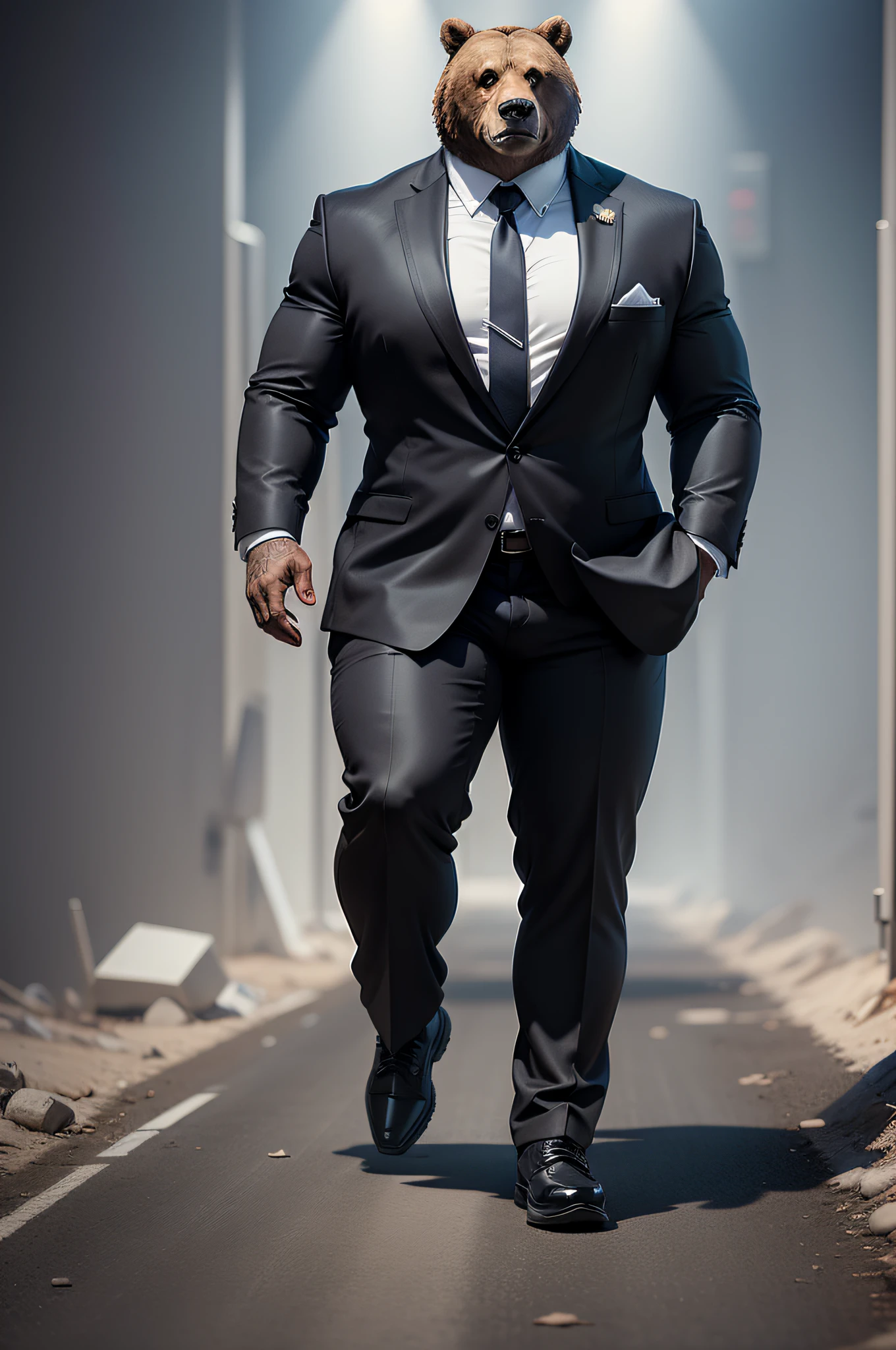 full body, a male anthropomorphic grizzly bear in a suit and pants and black shoes, front view, hyper realistic, unreal engine, white background