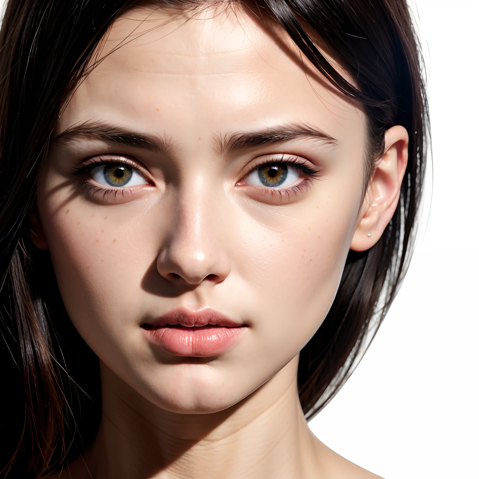 photorealisitc face, upper body, best quality, upper body, high def, subsurface scattering, detailed, 1girl, closed mouth, realistic skin, solo, detailed eyes, face focus, (face close-up shot), (white background:1.2)