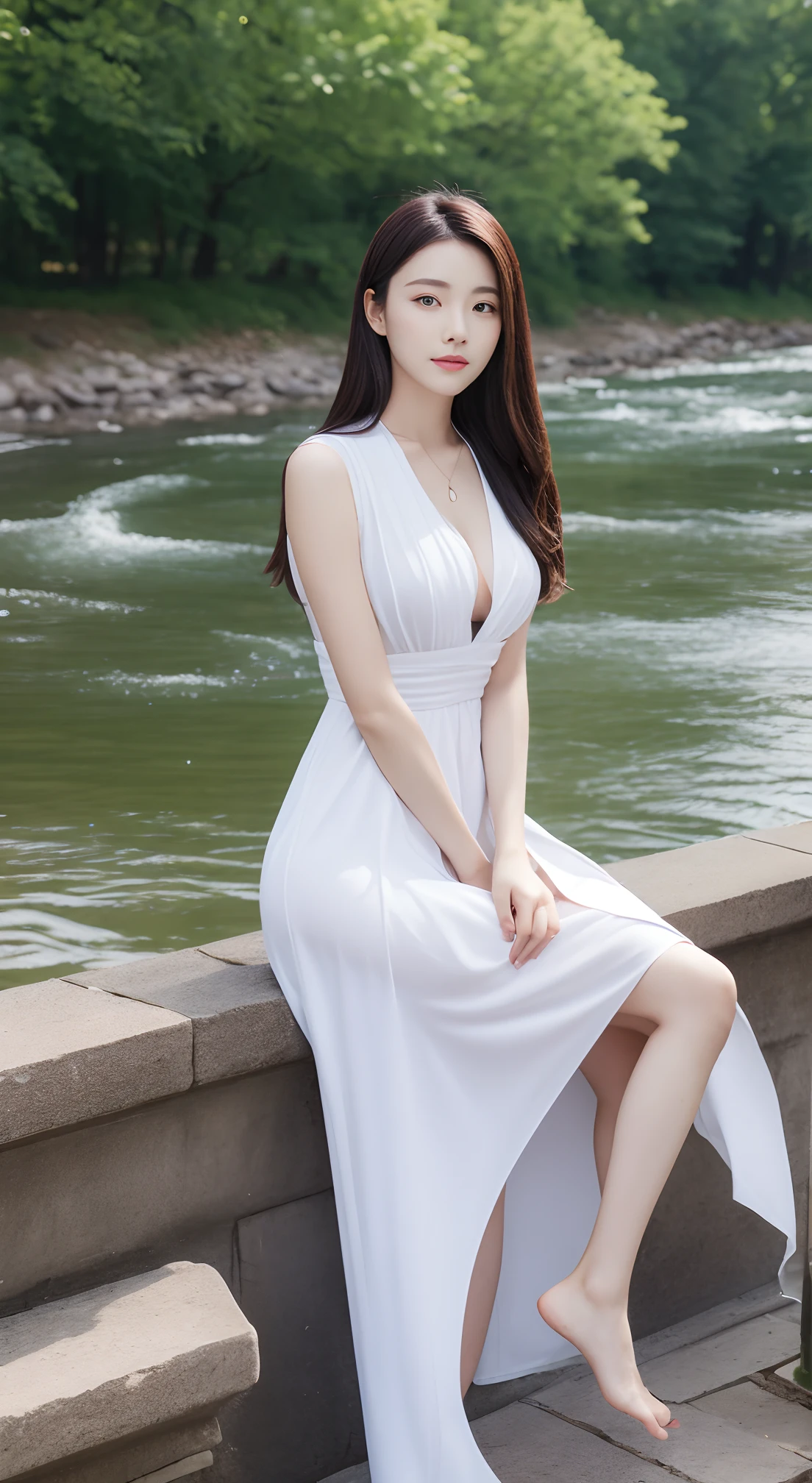 High quality，1 beautiful woman，Sit by the river and take pictures，Chest hyperexcion