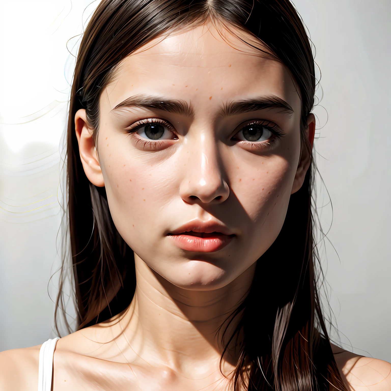 photorealisitc face, upper body, best quality, upper body, high def, subsurface scattering, detailed, 1girl, closed mouth, realistic skin, solo, detailed eyes, face focus, (face close-up shot), (white background:1.2)