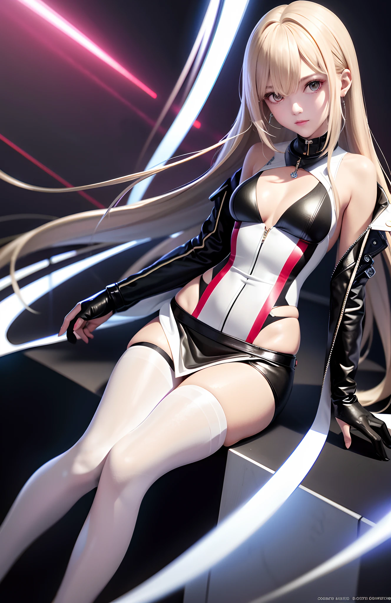 optimum,tmasterpiece,A high resolution,best qualtiy,hyper HD,super detailing,Award-Awarded,16k,独奏,(The upper part of the body),anatomy correct,Beautiful cyberpunk girl,cute face,,Gradient Beige Hair,Hairline,((Scarlet eyes)),long eyelasher,Hanging eye corners,White skin of the,(small boobs),(Slim body),((Women's super short shawl leather jacket)),((racing_suit)),((High-Low_long skirt)),ear studs,(Neck strap),(Laser material clothing:1.2)