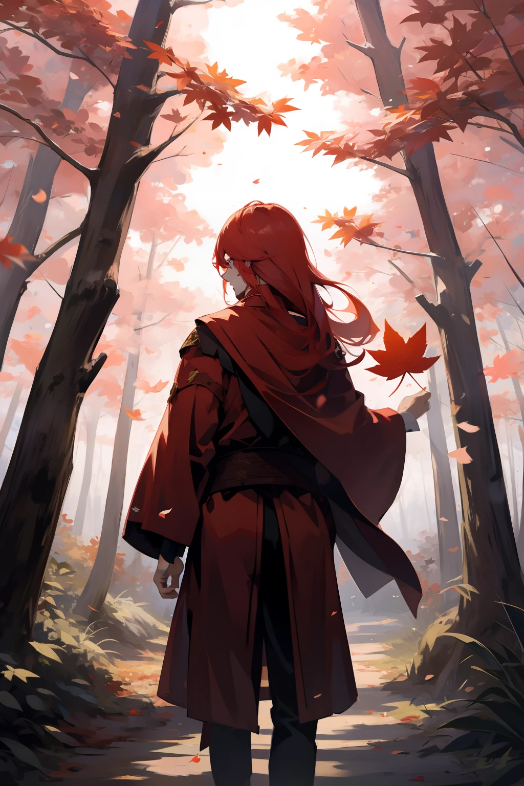 A man with long red hair,Standing in a maple forest,Holding a maple leaf,facing away,Wear a red robe