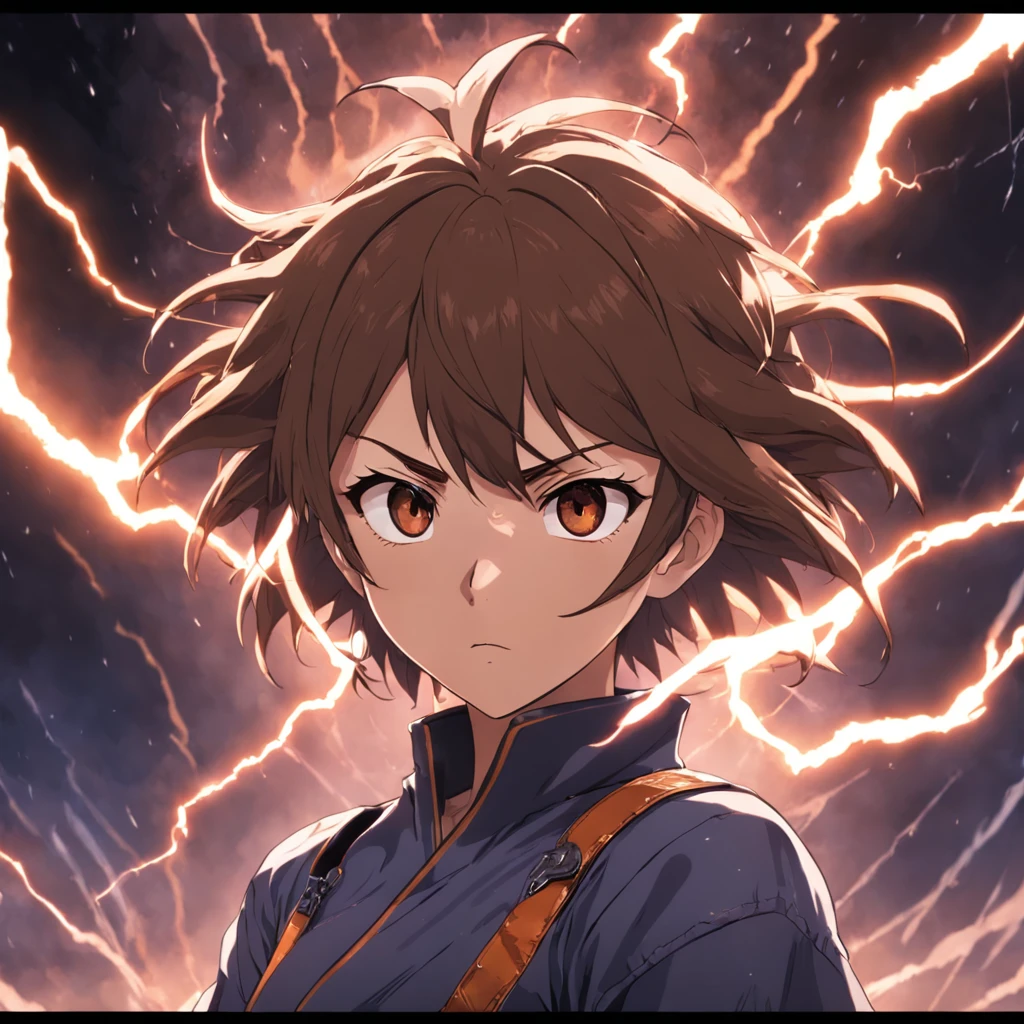 masterpiece, best quality, movie still, 1man, lightning, rage, close-up, angry, silver ninja, brown hair, brown eyes, lightning aura, hard lighting, thunderclouds, (sparks:0.7)