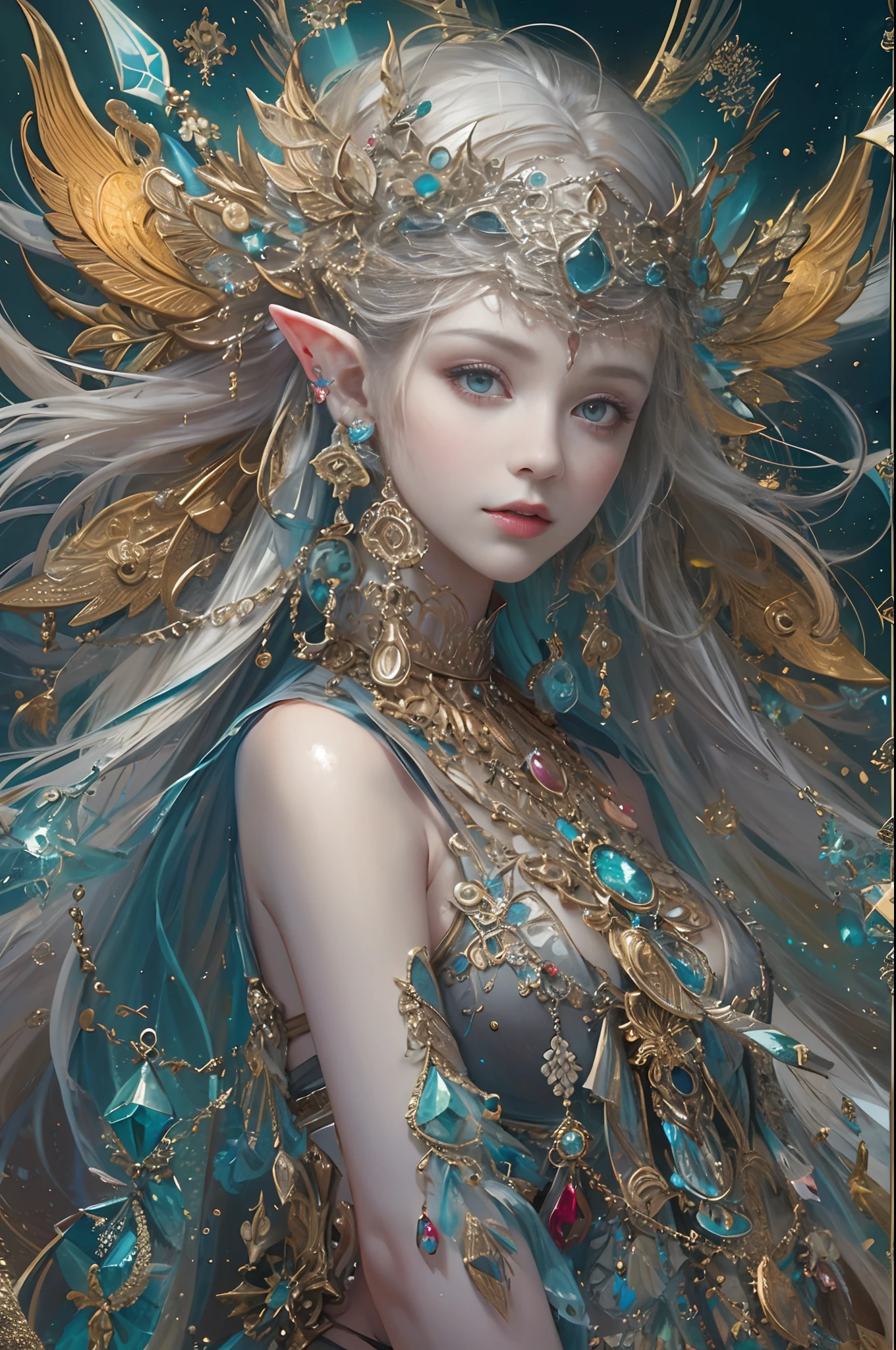 (masterpiece, top quality, best quality, official art, beautiful and aesthetic:1.2), (1 Elf girl), extremely detailed, ornate jewellery, long shapeless hair, (fractal art:1.3),colorful,highest detail.