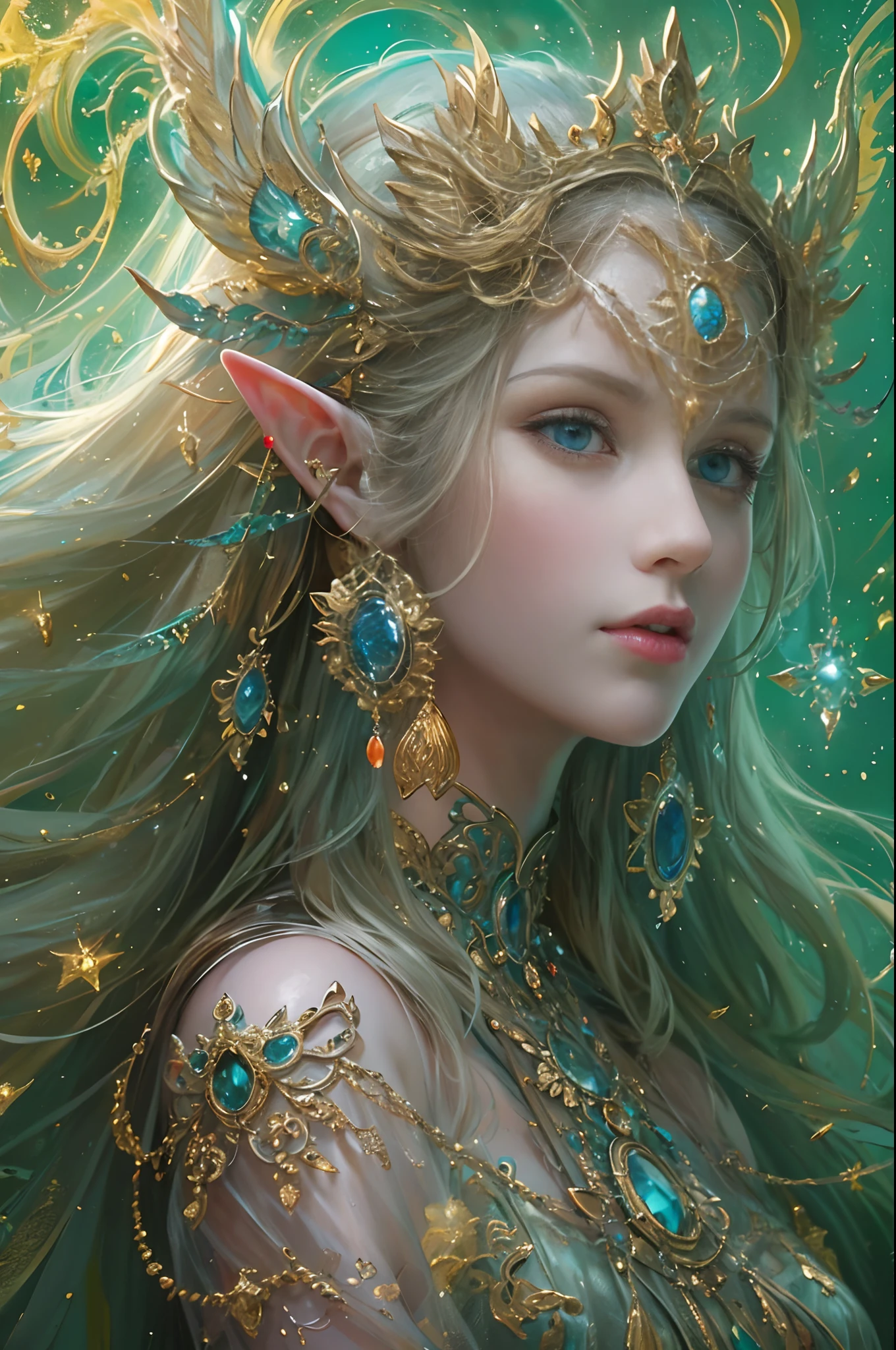 (masterpiece, top quality, best quality, official art, beautiful and aesthetic:1.2), (1 Elf girl), extremely detailed, ornate jewellery, long shapeless hair, (fractal art:1.3),colorful,highest detail.