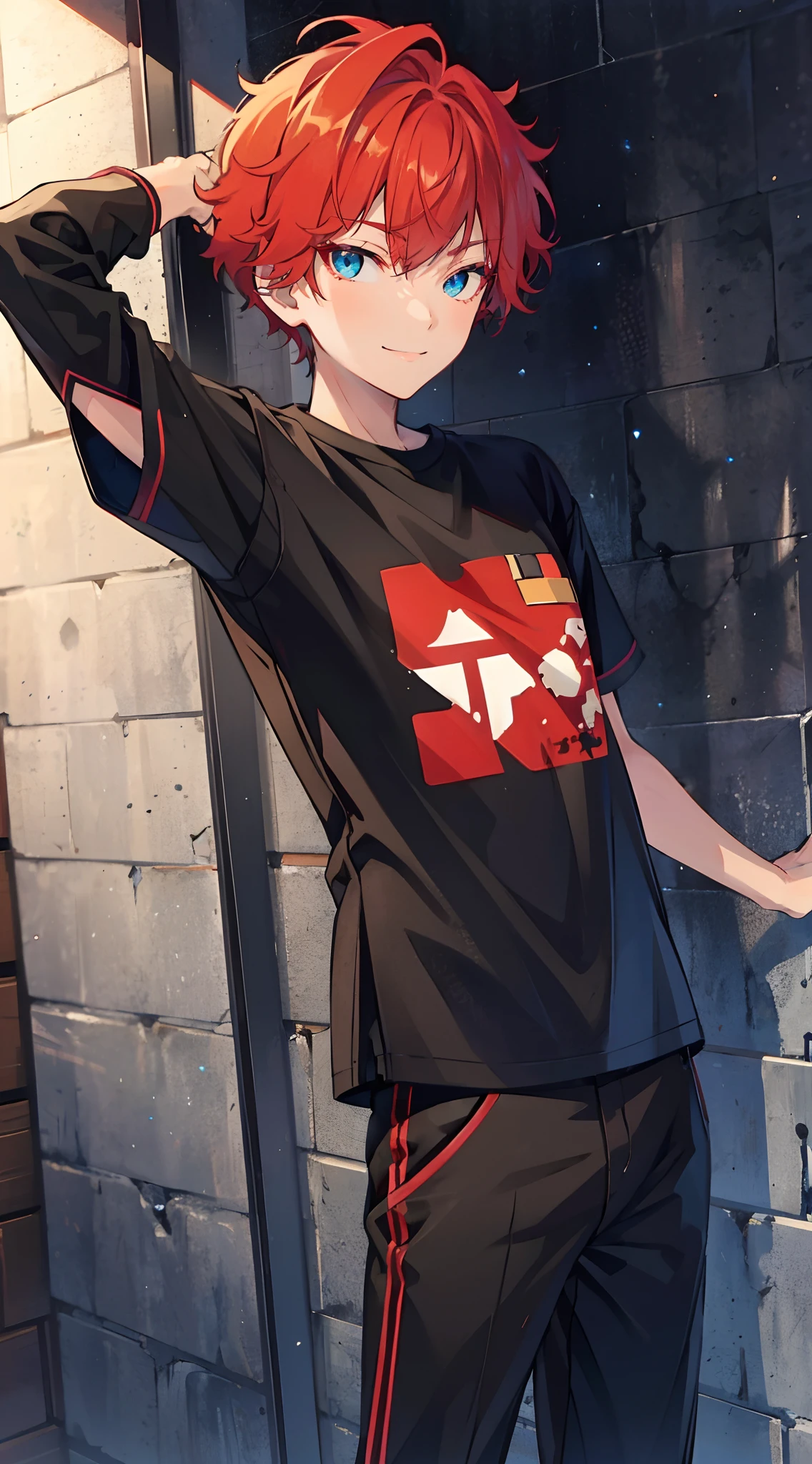 hiiro, hiiro amagi, blue eyes, red hair, short hair, black shirt, black pants, smile, 1boy, solo