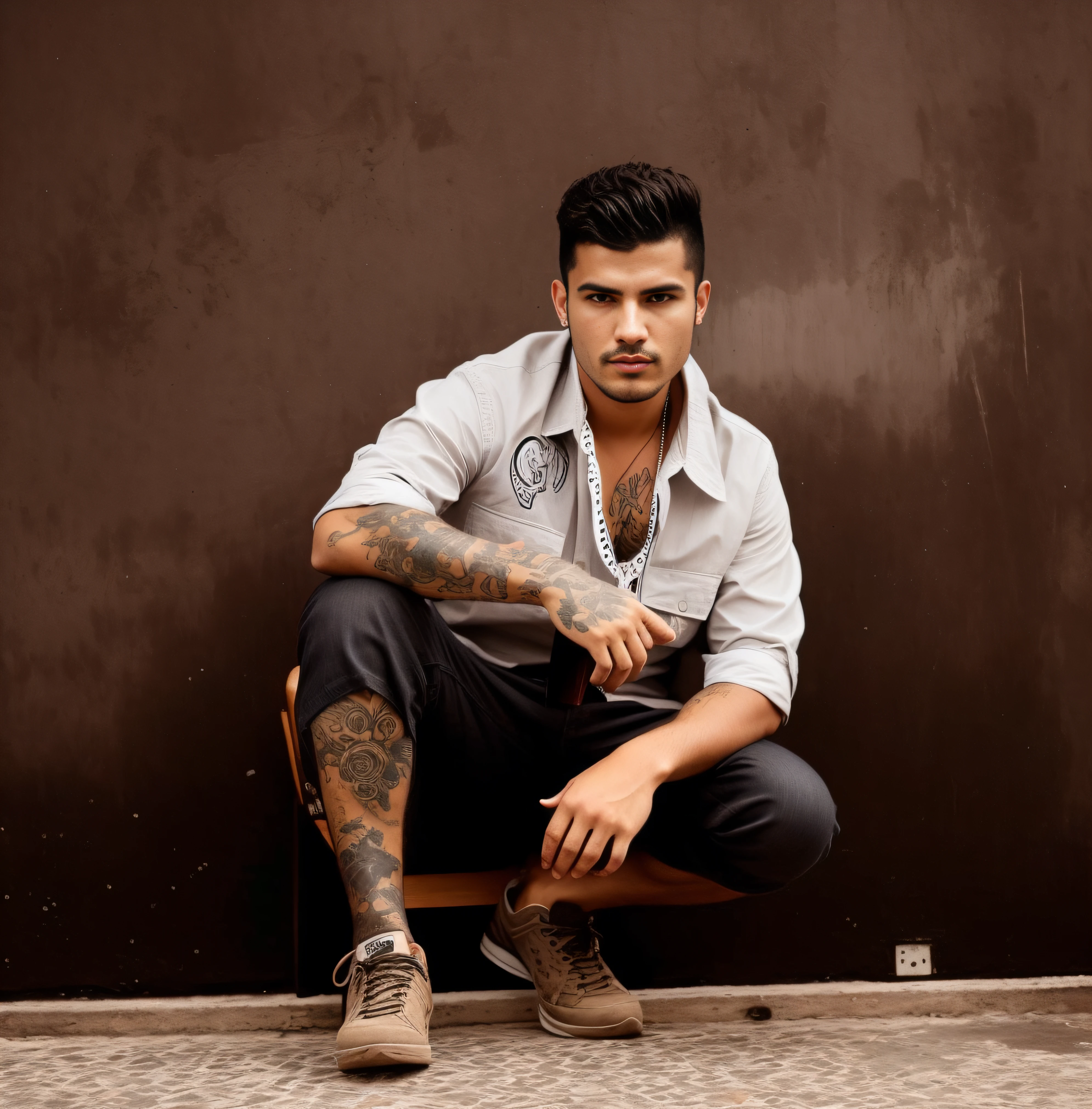 Man sitting in a chair with a knife in his hand, Raphael Personnaz, Diego Dayer, inspirado em Carlos Berlanga, andrew gonzalez, Cristiano Orrillo, Estilo de Seb McKinnon, Coberto, ástor alexander, inspirado em Nathan Oliveira, Darius Zawadzki, homem tatuado, inspirado em Maximilian Cercha