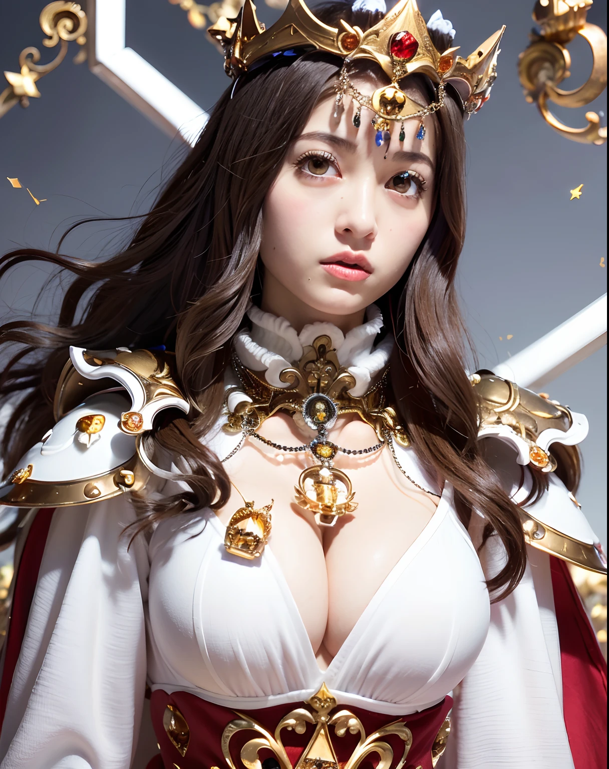 (masutepiece), Professional , ​masterpiece、top-quality、photos realistic , depth of fields ,（Wind element），close-up，dream magical，tornado，Lightning，（Gemstone Silver Jewel Body:1.９),(Matte White、Jewel Gold Weapon_（Metal:1.４),Gorgeous Jewel Metal Weapons , Detailed Sword of the Brave , Beautiful knife   ,warhammer 40k , adepta sororitas,Detail and ornate jewel crown、Brown hair、Gangle's forest background、Beautiful Caucasian beauty、１a person、dynamic ungle,(((Detailed and ornate diamond crown)))、Particles of light、cleavage of the breast、magic circles、