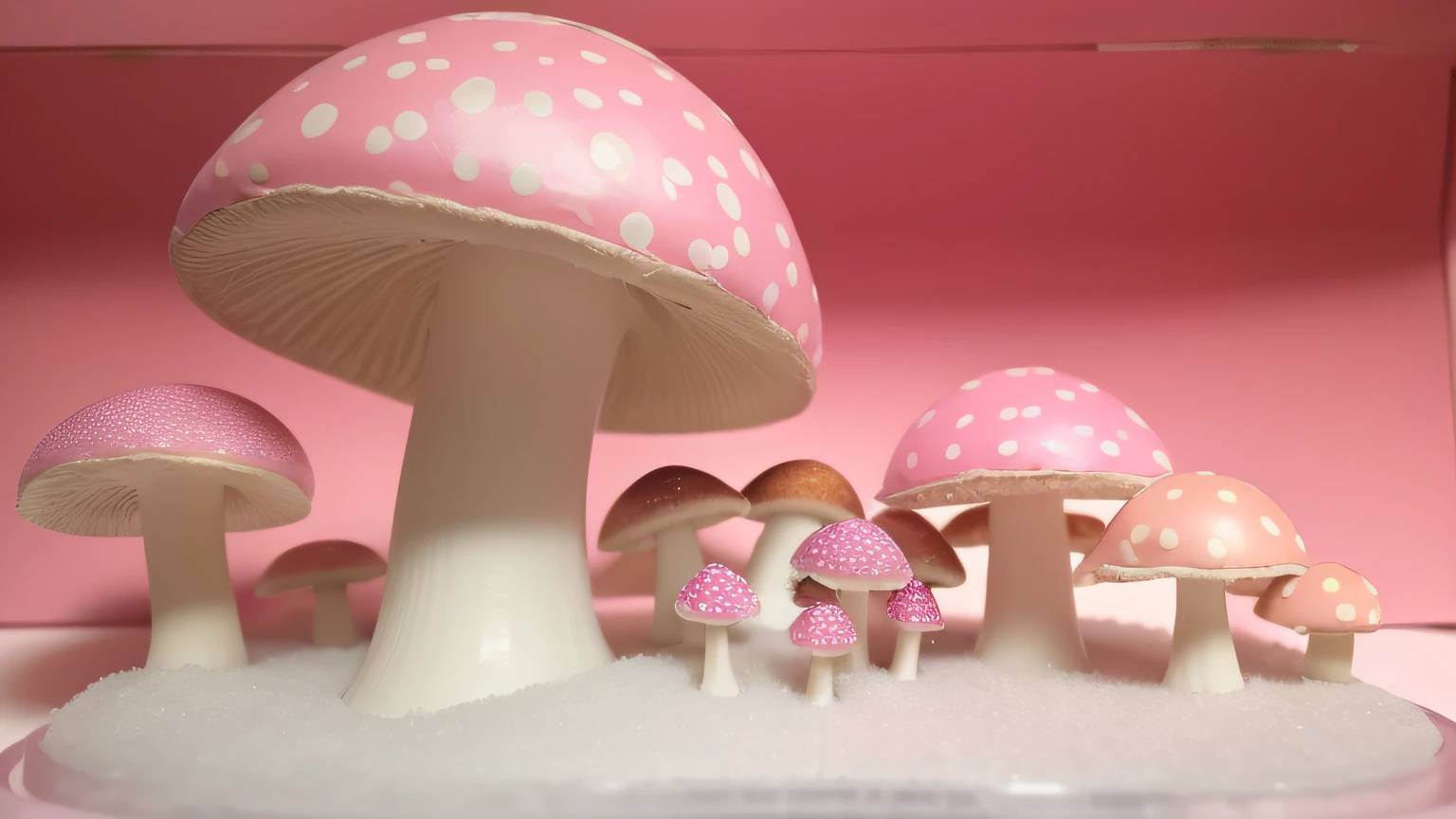 mushrooms pink . Maquete. mushrooms cor de pink. Neve branca. Pink cardboard box back.