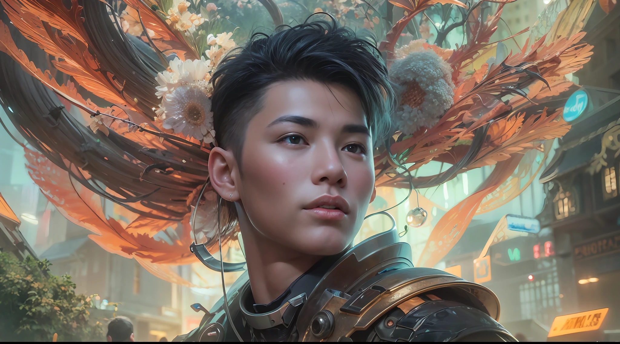 1boy, photo of very very handsome suave smiling young 25-year-old male Chinese prince, clothed in futuristic cybernetic armor, wearing a large futuristic crown, walking in an ethereal enchanted forest with neon glowing flowers and a rainbow in the sky, sci-fi, intricate, neon light, ((perfect face)), ((perfect hands)), ((perfect body)), ((correct anatomy)), ((ultra-realistic)), ((8k, UHD)), highly detailed, digital painting, artstation, concept art, human anatomy, soft light, smooth, illustration, art by tian zi and craig mullins and WLOP and alphonse mucha
