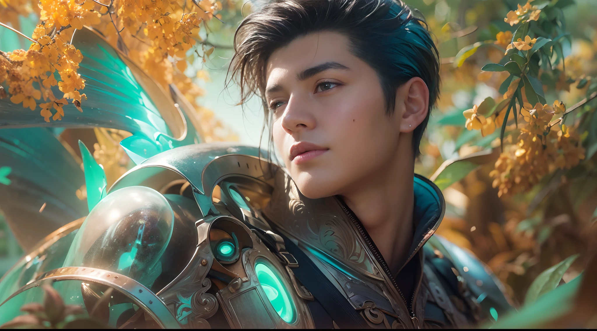 1boy, photo of very very handsome suave smiling young 25-year-old male Chinese prince, clothed in futuristic cybernetic armor, wearing a large futuristic crown, walking in an ethereal enchanted forest with neon glowing flowers and a rainbow in the sky, sci-fi, intricate, neon light, ((perfect face)), ((perfect hands)), ((perfect body)), ((correct anatomy)), ((ultra-realistic)), ((8k, UHD)), highly detailed, digital painting, artstation, concept art, human anatomy, soft light, smooth, illustration, art by tian zi and craig mullins and WLOP and alphonse mucha