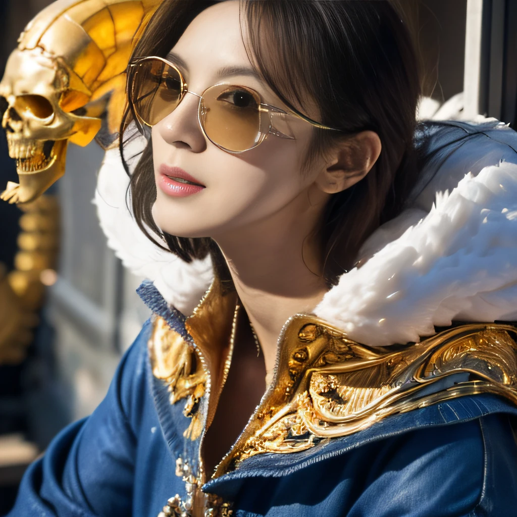 Skeleton Superman style,Wear thick gold-framed reflective sunglasses,32K(tmasterpiece,k hd,hyper HD,32K)Light chrysanthemum flowing hair,The Silver Skull Jewelry District in the backstreets,Indigo Skull King ,Smoke billowed out (The skeleton is realistic:1.4),Skull pattern robe,Silver skull light blue ornament,Petals flutter,The background of autumn is pure,Hold your head high,Be proud,The nostrils look at people, A high resolution, the detail, RAW photogr, Sharp Re, Nikon D850 Film Stock Photo by Jefferies Lee 4 Kodak Portra 400 Camera F1.6 shots, Rich colors, ultra-realistic vivid textures, Dramatic lighting, Unreal Engine Art Station Trend, cinestir 800,Hold your head high,Be proud,The nostrils look at people,Tsundere,Petals flutter,Petals flutter,Sprinkle with gold dust,Fluttering,Impeccable,( reasonable design, Clear lines, High sharpness,Best quality, Very detailed skeleton, The skeleton of a masterpiece, offcial art, movie light effect, 16K skeleton(((Wear thick gold-framed reflective sunglasses)))