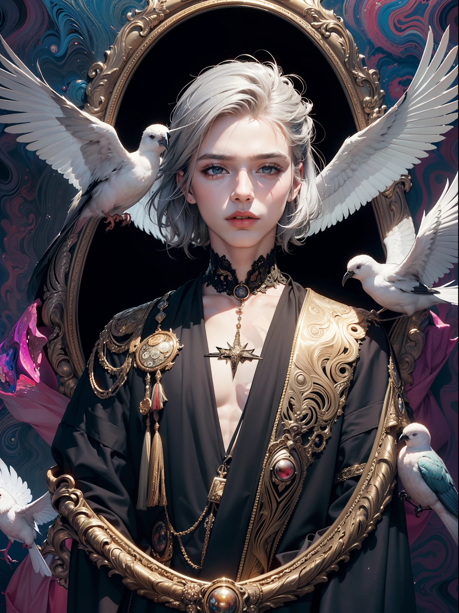 realistic, (masterpiece, top quality, best quality, official art, beautiful and aesthetic:1.2), extremely detailed,fractal art,colorful,highest detailed,zentangle,(abstract background:1.5) (1boy:1.3), (birds),silver hair, bright eyes,hair slicked back, short hair, black robe,