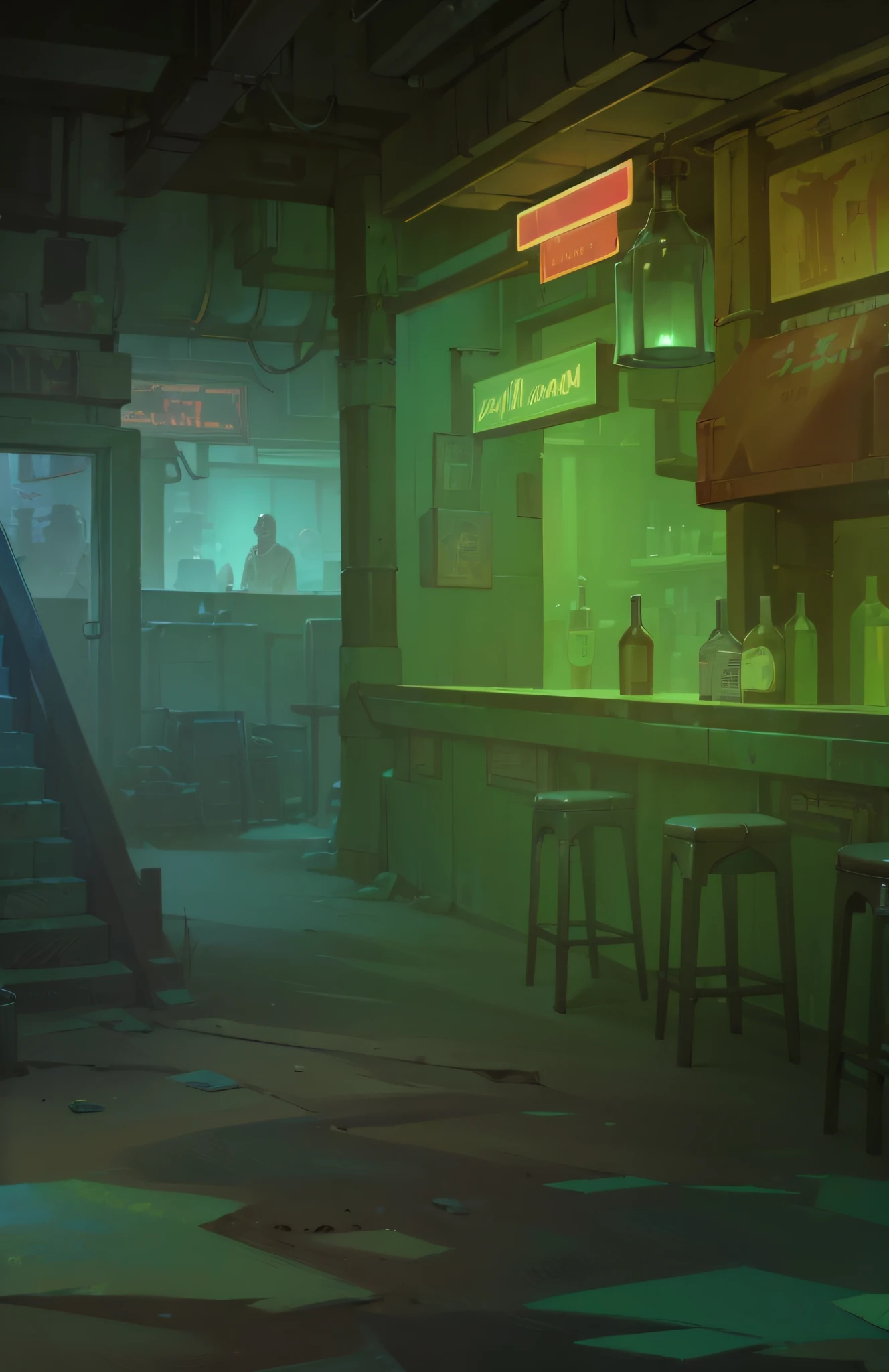 ((masterpiece)), ((ultra-detailed)), best quality, absurdres, highres, cinematic shot, rim lighting, extremely detailed, dieselpunk, drug den, arcane, borderlands, fallout, post apocalyptic, bar, zaun, bar counter, cyberpunk, neon, akira,