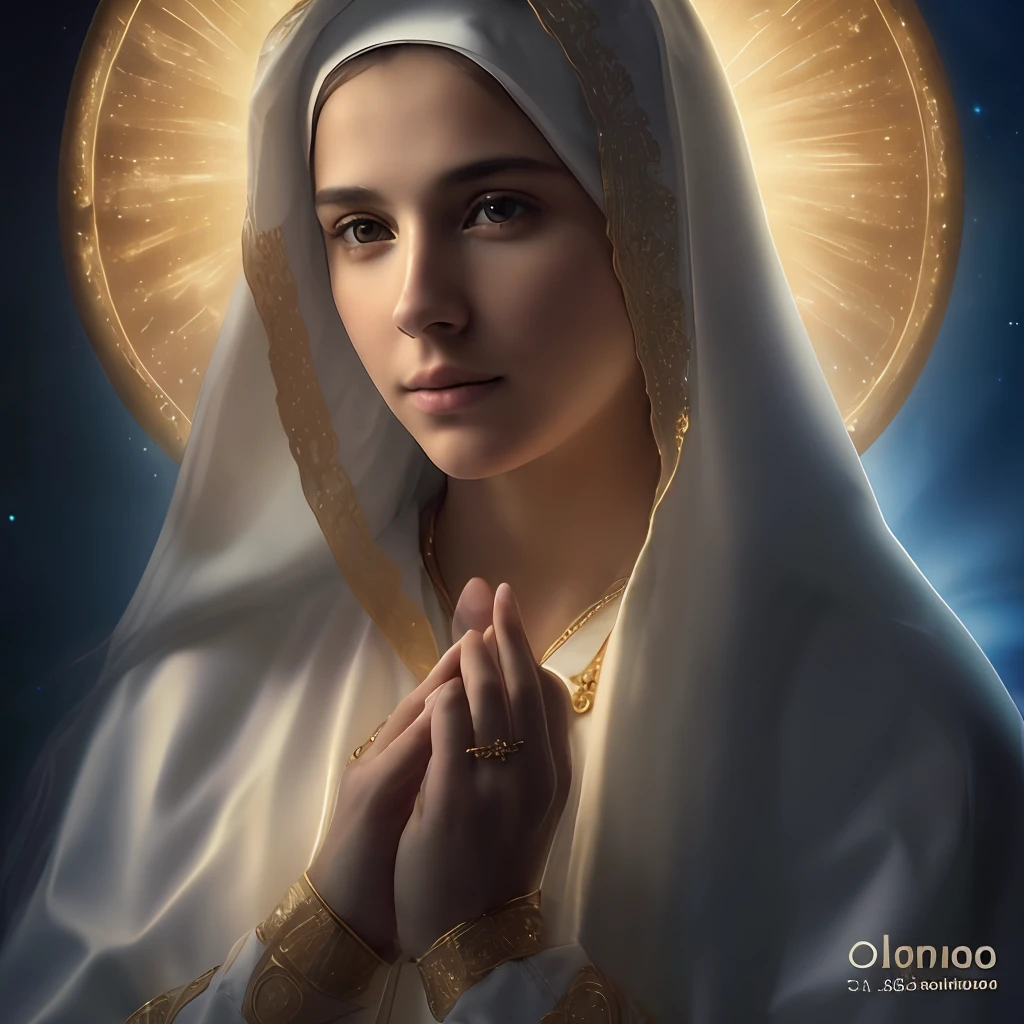 (((Saint Virgin Mary. 19 years old))) ((( Con una cara seria y piadosa. Con una mirada dulce y tierna))) (obra maestra, calidad superior, mejor calidad, arte oficial, beautiful and aesthetic: 1.2), (1girl), extremadamente detallado, (Arte fractal: 1.3), colorido, highest detailed, Cara perfecta, parte superior del cuerpo, HDR, (orando: 1.3), (golden lines of white coat: 1.2), galaxia, (rayas de luz), eye-catching visuals, (dynamic stripes, senderos luminosos: 1.2), colores vibrantes,
