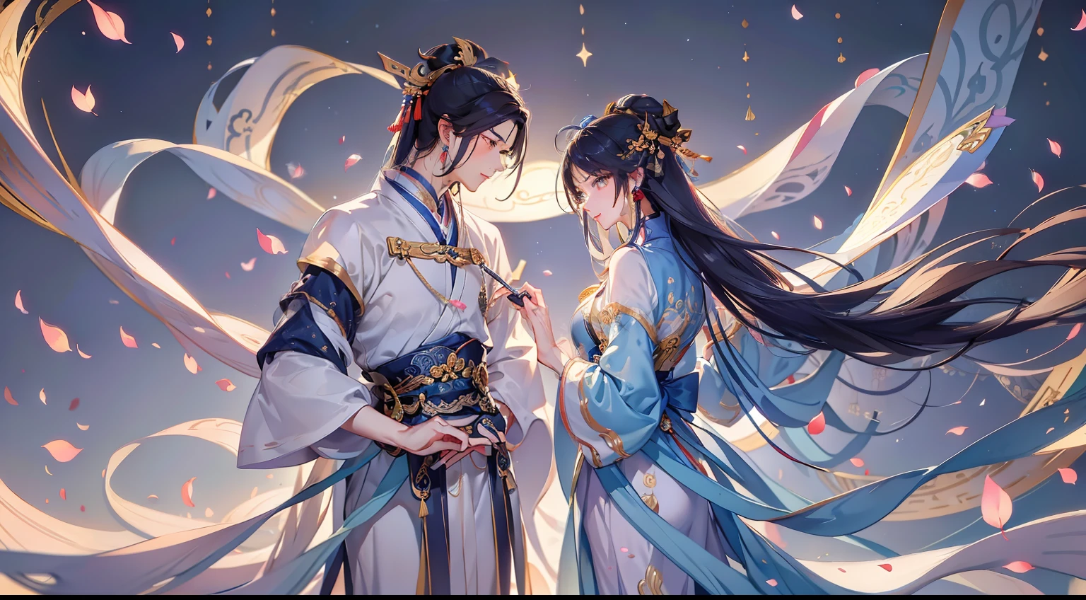 Qixi couple ancient style, beautiful style, high quality, starry night face clear