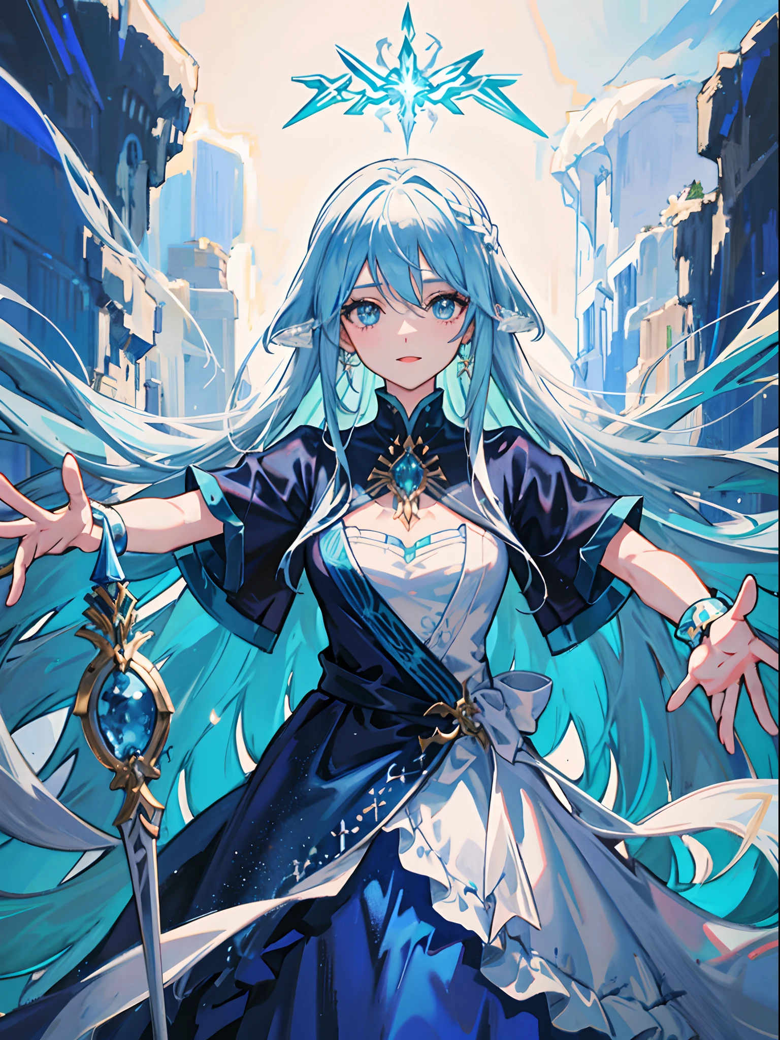 uma imagem de uma mulher com cabelo branco e vestido azul segurando uma espada, estilo de arte de fantasia, trending on artstation pixiv, Epic fantasy art style, fanart melhor artstation, water fairy, design de personagens de fantasia, arte estilo fantasia, (design de personagem de alta qualidade:0,5), arte detalhada do personagem de anime, arte de design de personagens, arte de fantasia digital 2d detalhada, divino:1, melhor qualidade, 8k, sozinho, 1girl, olhos expressivos, roupas inspiradas em peixes, oceanic theme, Magical elements of water