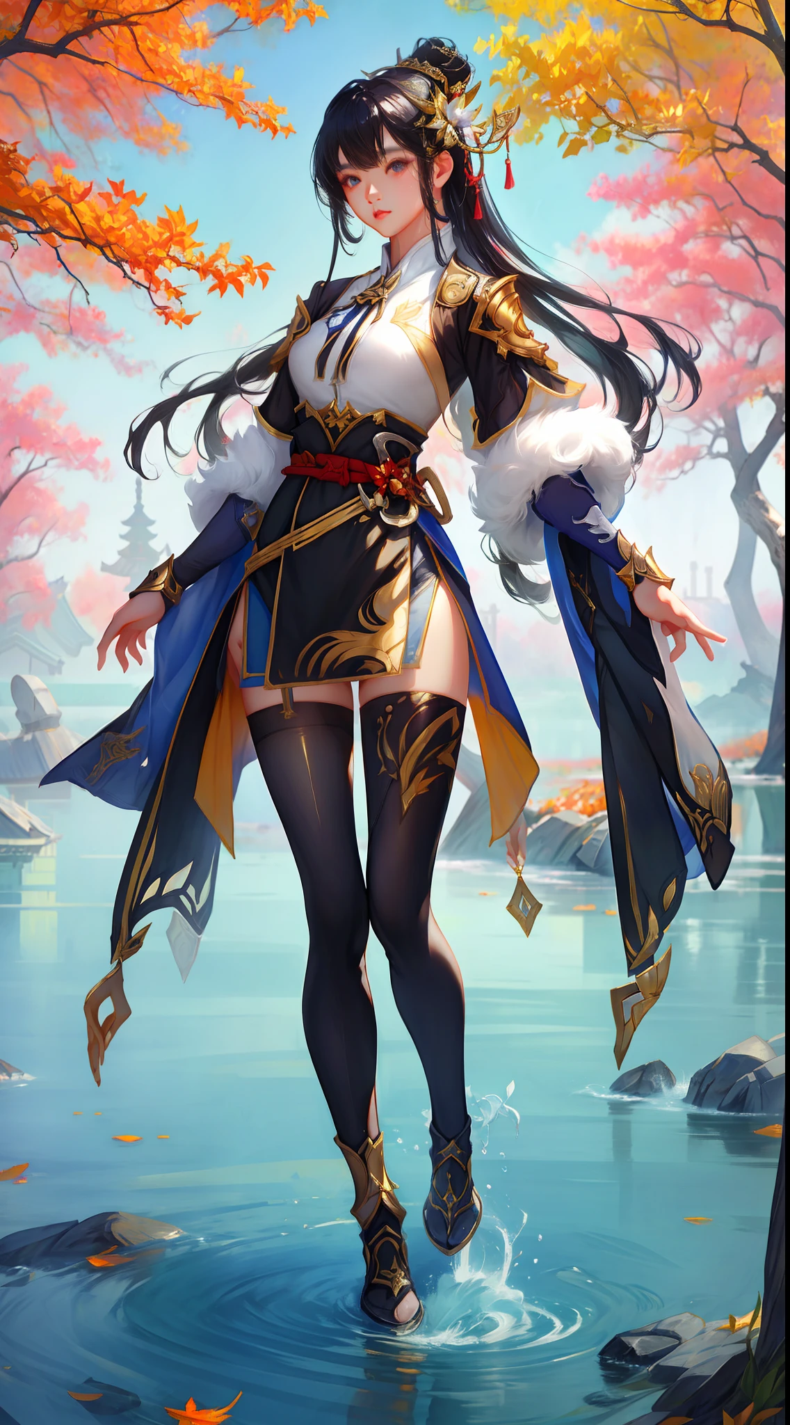 Game character, East Asian original art character design, 1girll, Solo, [:(Gradient background,Simple background:1.5):40],Black tights from the neck to the feet, the whole body has a gold fine pattern, rich details, metal reflective,autumn