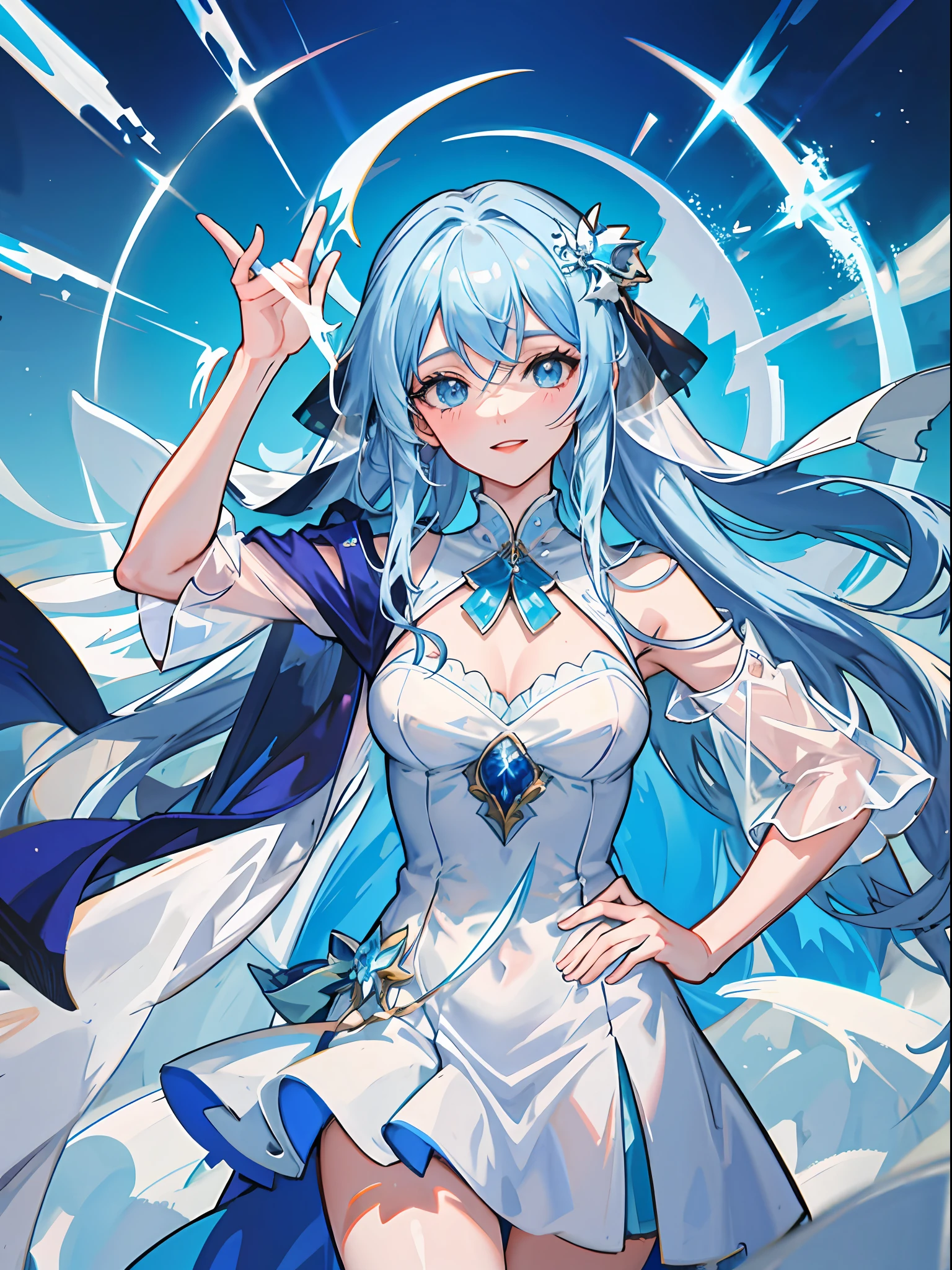 uma imagem de uma mulher com cabelo branco e vestido azul segurando uma espada, estilo de arte de fantasia, trending on artstation pixiv, Epic fantasy art style, fanart melhor artstation, water fairy, design de personagens de fantasia, arte estilo fantasia, (design de personagem de alta qualidade:0,5), arte detalhada do personagem de anime, arte de design de personagens, arte de fantasia digital 2d detalhada, divino:1, melhor qualidade, 8k, sozinho, 1girl, olhos expressivos, roupas inspiradas em peixes, oceanic theme, Magical elements of water