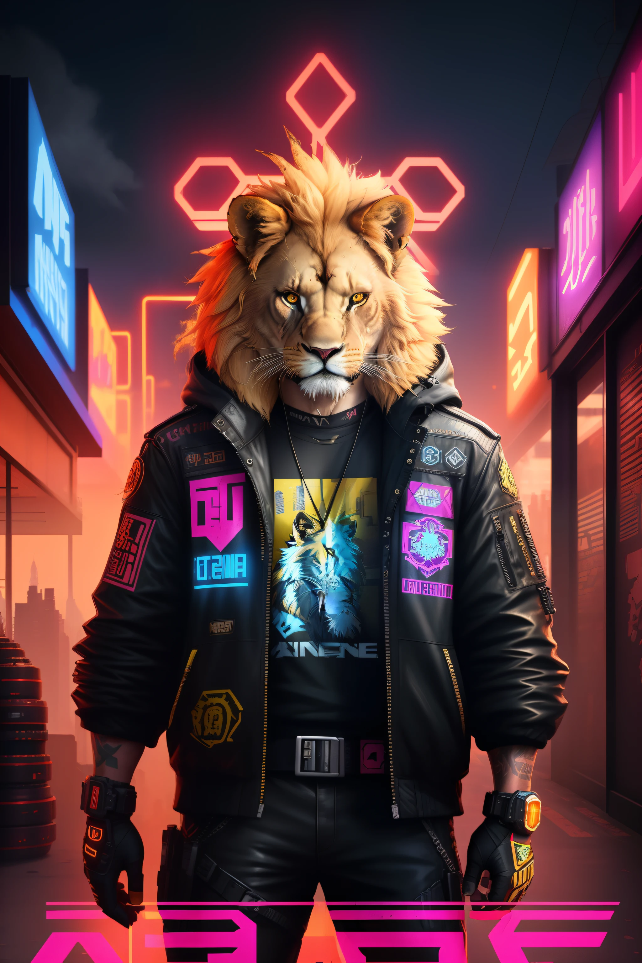 a poster of a lion head, lion face, gunner, gunbreaker, neonpunk, cyberpunk face, gungnir, gmunk, cyberpunk style color, cyberpunk futuristic neon, gunbroker, glitchpunk, cyberpunk , cmyk portrait, in style of apex legends, cyberpunk gunma prefecture, cyberpunk vibrant colors, gunslinger, hardcore, strong enegry image, color cool, fantasy, look legenary