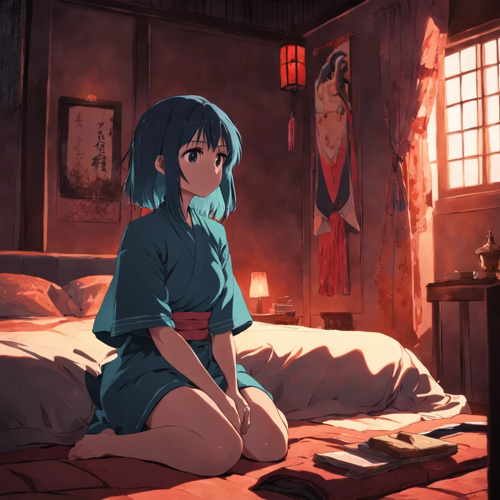 A woman sitting in front of the bed