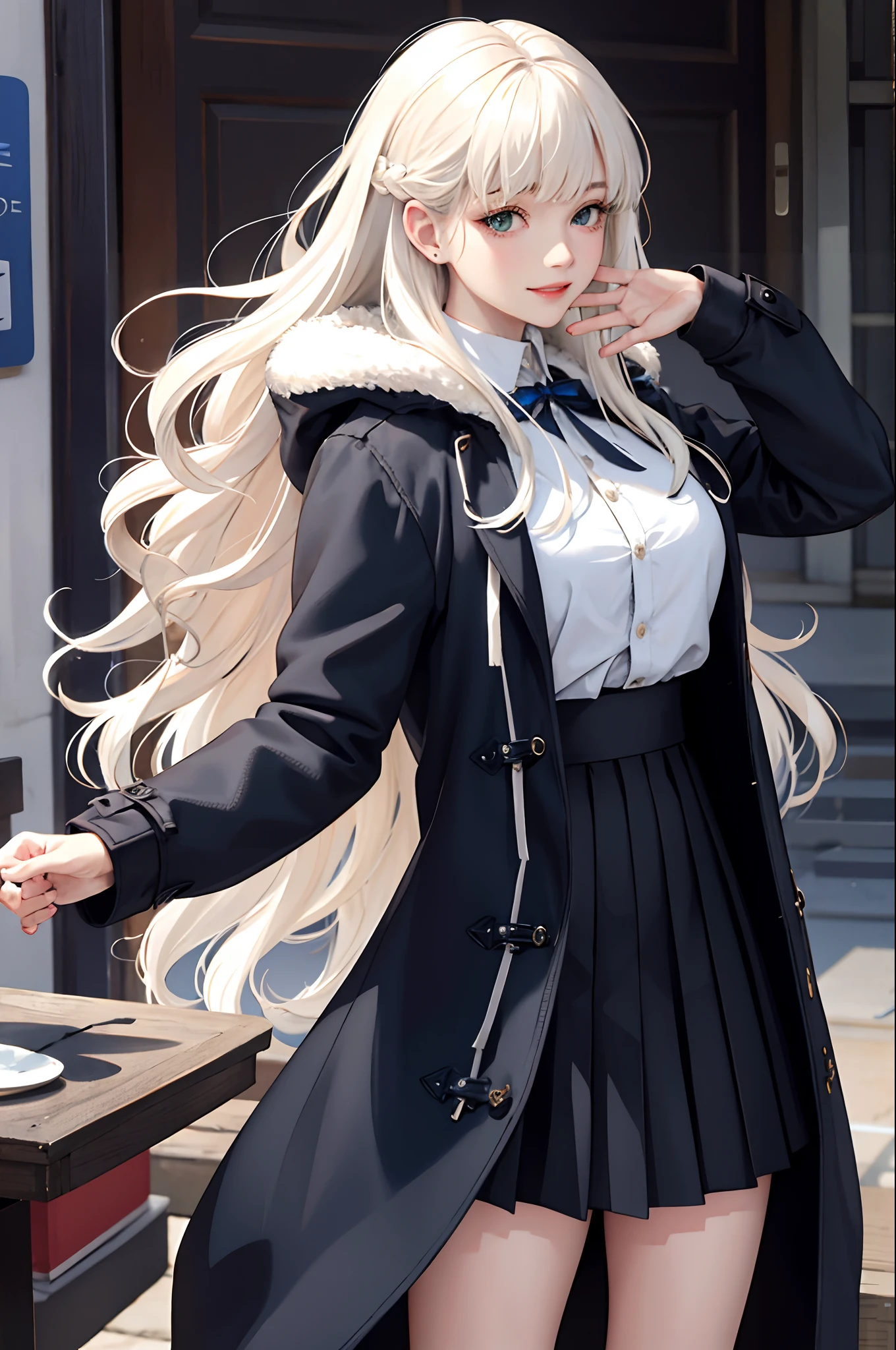 (masterpiece:1.2, best quality), (real picture, intricate details), 1lady, solo, upper body, casual, long hair, minimal makeup, natural fabrics, close-up face, smile, home, long light platinum blonde hair, bangs, wavy hair, voluminous hair, green eyes, big breasts, cold clothing, cute clothes, pleated skirt, black skirt, beautiful clothing, blue parkas, blue coat, coat with fur, blue coat white fur, bangs on forehead, Korean bangs, cute bangs.