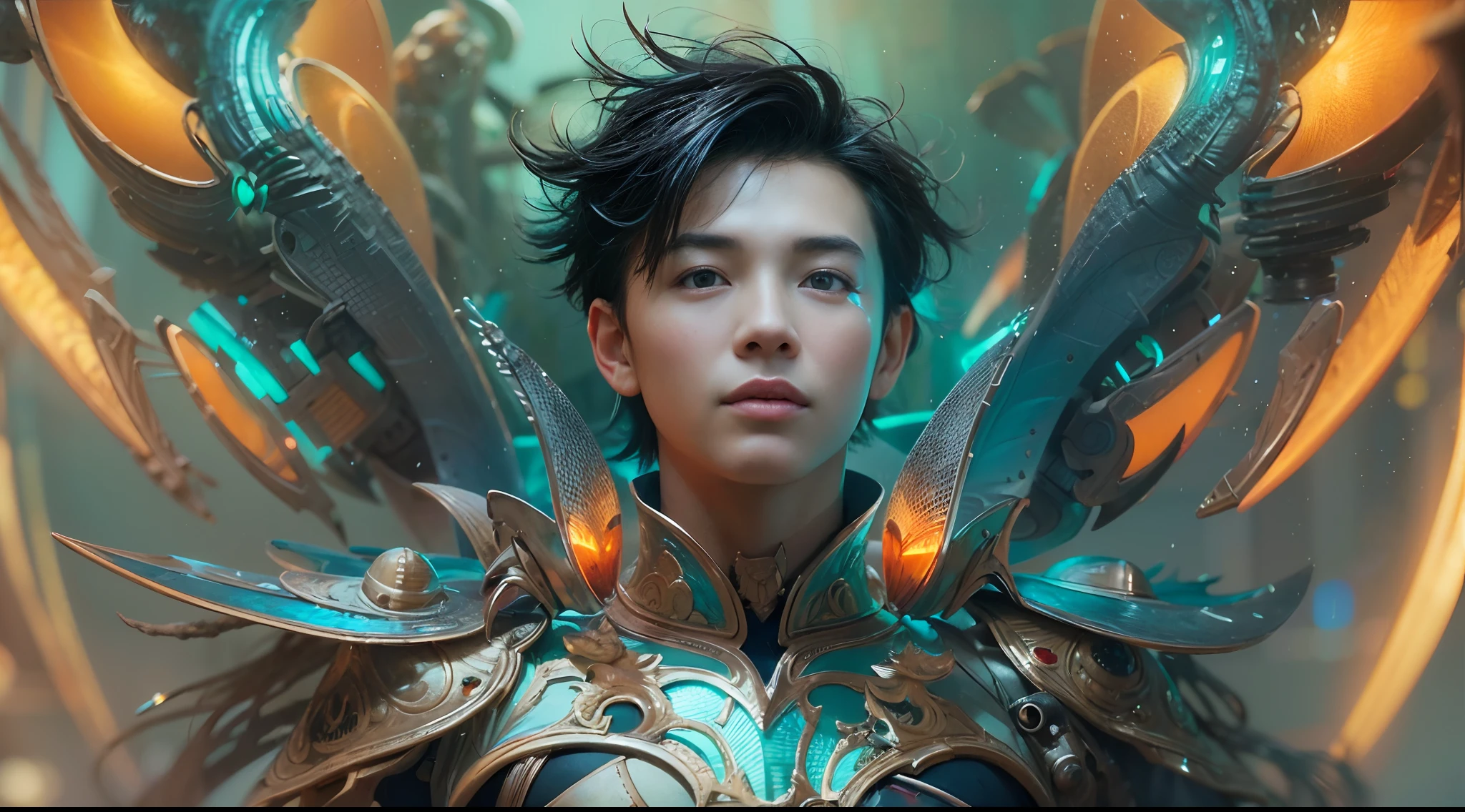 1boy, photo of very very handsome suave smiling young 25-year-old male Chinese prince, clothed in futuristic cybernetic armor, wearing a large futuristic crown, walking in an ethereal enchanted forest with neon glowing flowers and a rainbow in the sky, sci-fi, intricate, neon light, ((perfect face)), ((perfect hands)), ((perfect body)), ((correct anatomy)), ((ultra-realistic)), ((8k, UHD)), highly detailed, digital painting, artstation, concept art, human anatomy, soft light, smooth, illustration, art by tian zi and craig mullins and WLOP and alphonse mucha