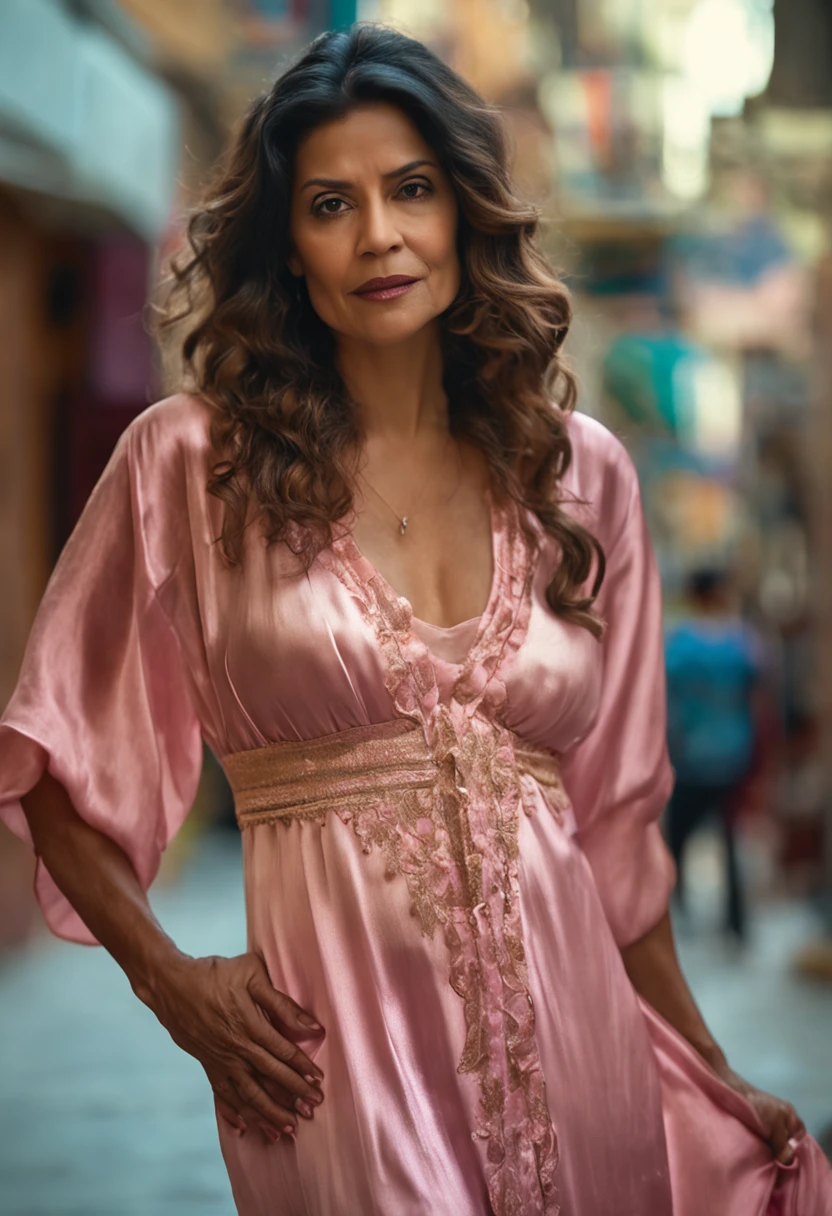 60 year old Mexican woman from Sonora state in nightgown (silk, with pastel pink lace), Nice body, wide hips, long curly hair, full body, in her bedroom at home