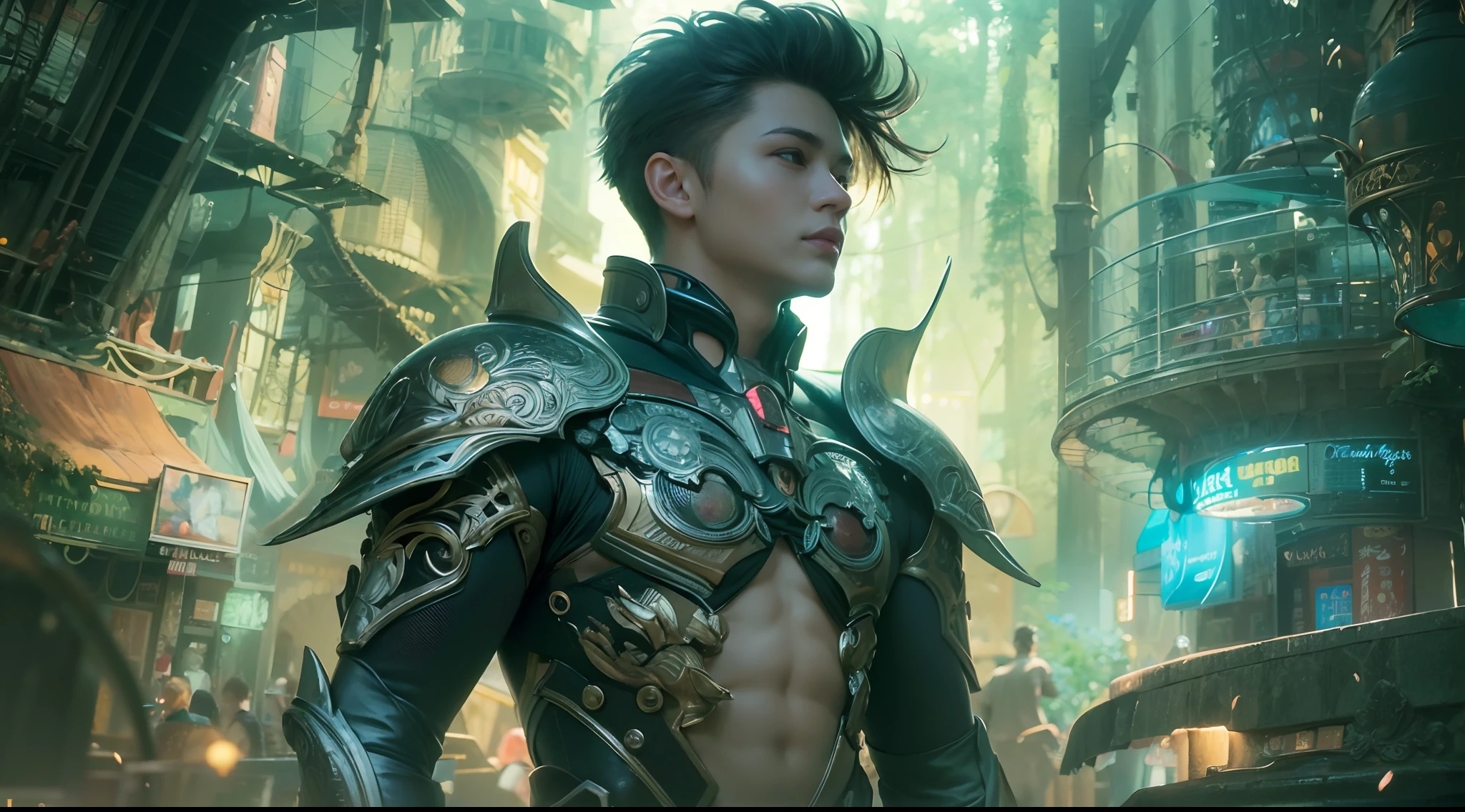 1boy, photo of very very handsome suave smiling young 25-year-old male Chinese prince, clothed in futuristic cybernetic armor, wearing a large futuristic crown, walking in an ethereal enchanted forest with neon glowing flowers and a rainbow in the sky, sci-fi, intricate, neon light, ((perfect face)), ((perfect hands)), ((perfect body)), ((correct anatomy)), ((ultra-realistic)), ((8k, UHD)), highly detailed, digital painting, artstation, concept art, human anatomy, soft light, smooth, illustration, art by tian zi and craig mullins and WLOP and alphonse mucha