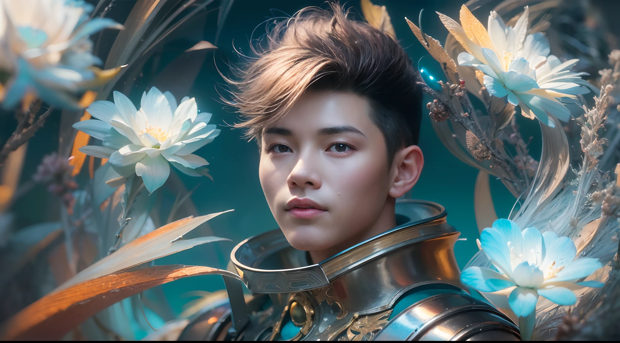 1boy, photo of very very handsome suave smiling young 25-year-old male Chinese prince, clothed in futuristic cybernetic armor, wearing a large futuristic crown, walking in an ethereal enchanted forest with neon glowing flowers and a rainbow in the sky, sci-fi, intricate, neon light, ((perfect face)), ((perfect hands)), ((perfect body)), ((correct anatomy)), ((ultra-realistic)), ((8k, UHD)), highly detailed, digital painting, artstation, concept art, human anatomy, soft light, smooth, illustration, art by tian zi and craig mullins and WLOP and alphonse mucha