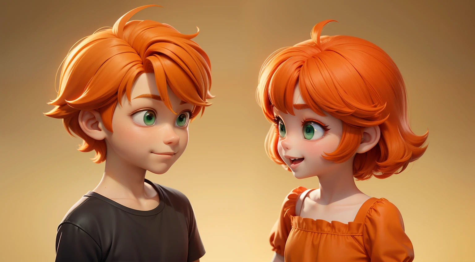 two characters in scene, first character boy with orange hair, orange clothes t- shirt ,green eyes, and second character littlewith red hair red eyes beautiful face,short hair with bangs wearing red clothes a red dress , talking to each other,White background, style of a Disney Pixar cartoon