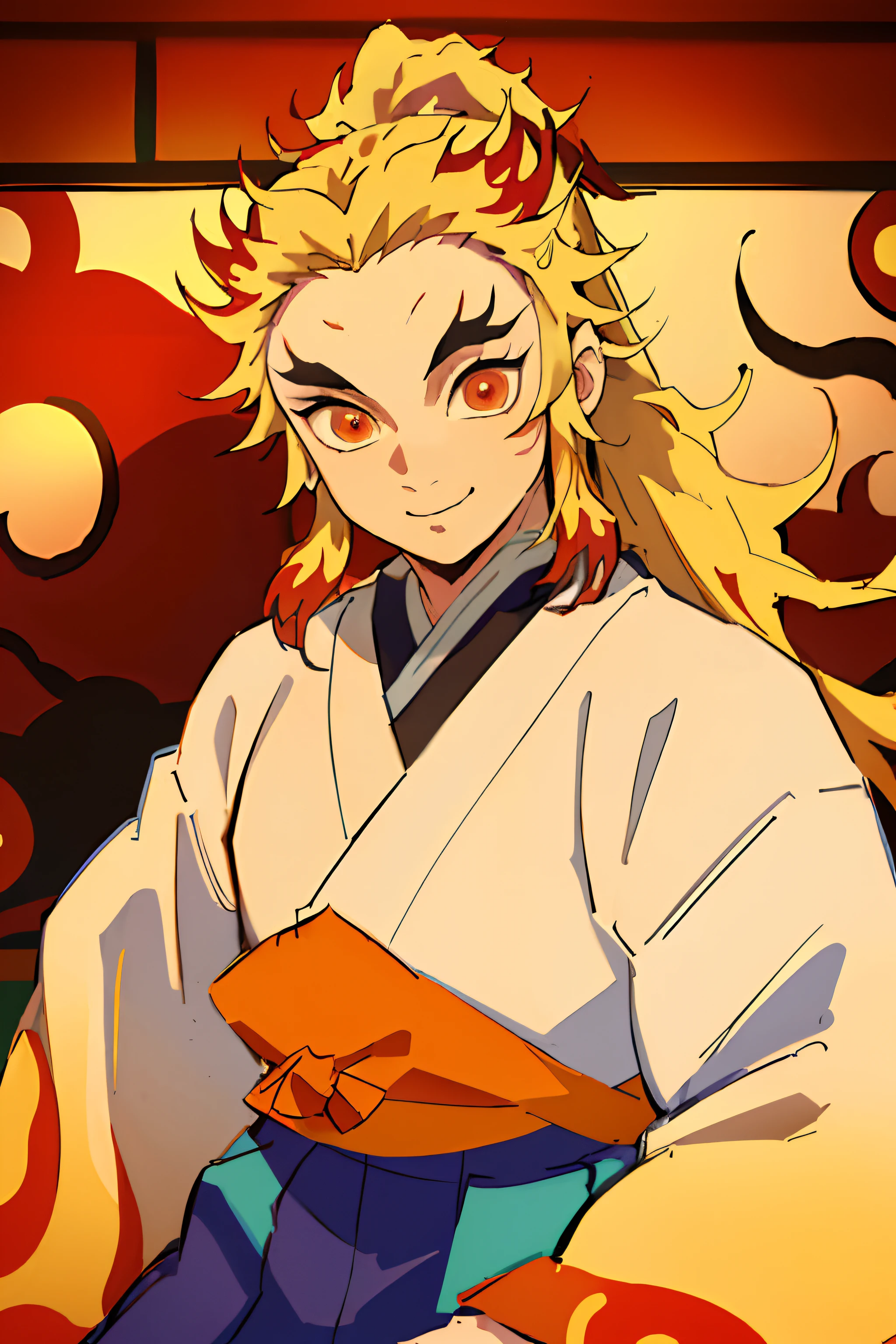 (Masterpiece, Best Quality:1.2), Cowboy shot, 独奏, male focus, 1 adult boy, Rengoku Kyojuro, ssmile, looking a viewer, Long hair, high ponytail, Split eyebrows, abstraction, (((Yokai in the background))), (((Onmeji clothing)))