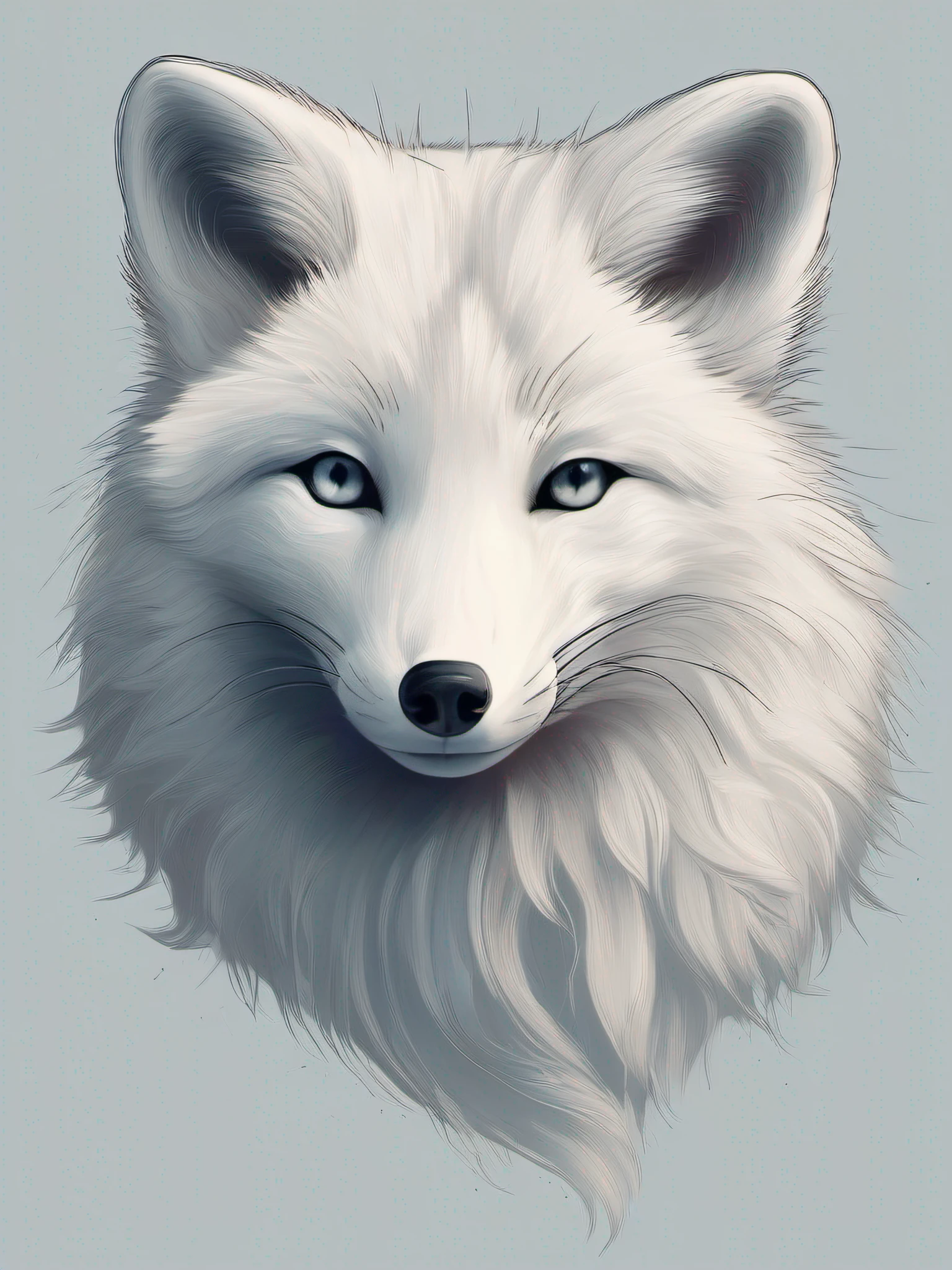isolated vector art featuring the elegant Arctic fox. Utilize soft lines and a muted color palette to capture the beauty of this creature's fur and its icy environment. Focus on the fox's distinctive features, such as its fluffy tail and pointed ears. This design embodies the grace and resilience of the Arctic fox in its natural habitat, no-background, in the style of 0mib