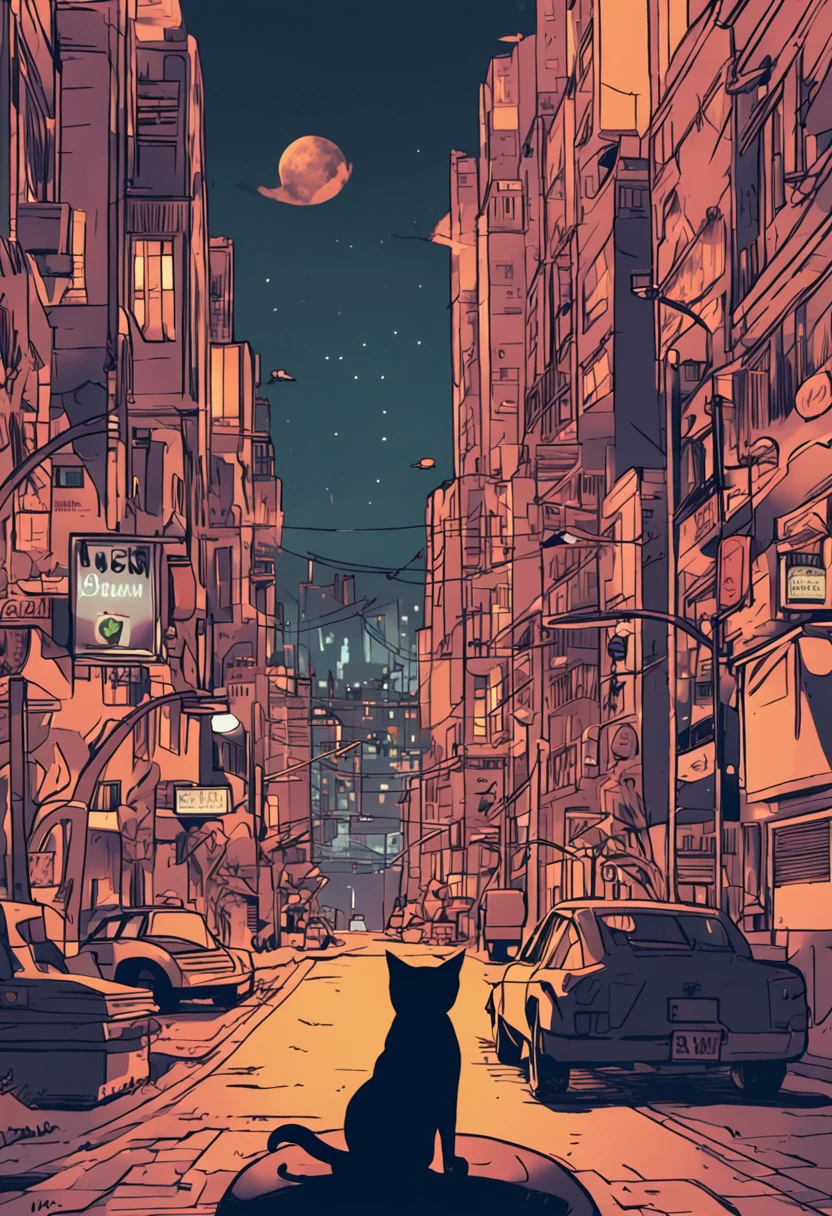 um gato com asa voando sobre uma cidade em uma noite sombria ::n_desenho de estilo, Low-quality imperfection, boneca, jogo, anime