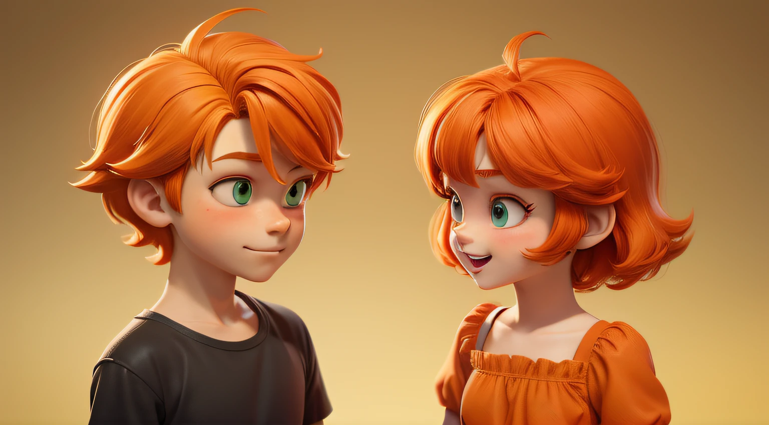 two characters in scene, first character little boy with orange hair, orange clothes t- shirt ,green eyes, and second character little girl with red hair red eyes beautiful face,short hair with bangs wearing red clothes a red dress , talking to each other,White background, style of a Disney Pixar cartoon