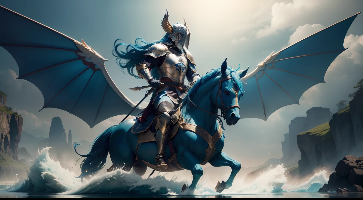 a warrior wearing a knight's mask sitting on a giant creature and riding it in water, with wings spread in the water, camera positioned just above the water to capture this beautiful scene, surface showing intricate details of the creature's scales, up to, e asas, majestade, Hero rides creature in water, Aprimorado digitalmente, Improved graphics, reto, foco nítido, clear lighting, Closeup, cinemactic, bronze, azul, azul, ultra altamente detalhado, 18k, foco nítido, foto brilhante com cores ricas, cobertura completa de uma cena, tiro de vista reta