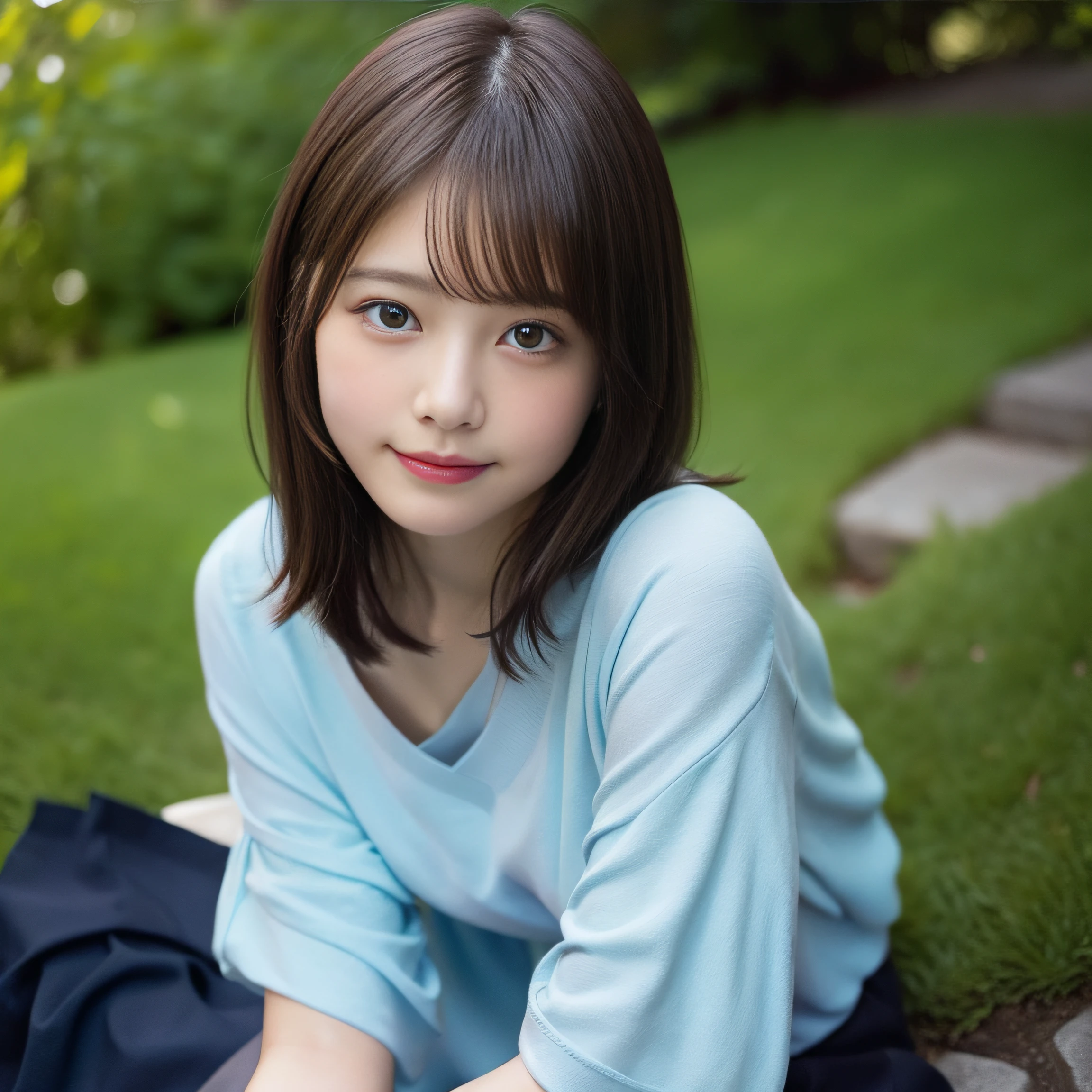 in 8K,Best Quality:1.4, 超A high resolution:1.5, (Photorealistic:1.4),masterpiece:1.2,(top-quality:1.4)、 Raw photo、 (From the knee up:1.4), (the background is blurred), Japan women, Cute, 30-years old:1.2、Beautiful black eyes、dual、natural skin textures:1.8, realistic eyes and face details:1.8、middlebreasts、(Solo), (Shy smile), Full body:1.2、Cute clothes、realistic shadow、beauty legs:1.2、Smooth skin、 (Brown medium hair,Bangs),nogizaka:1.2,Beautiful body, Midsummer blue sky、 Grassy park on the mountain、 Look at viewers、low angles,Stand