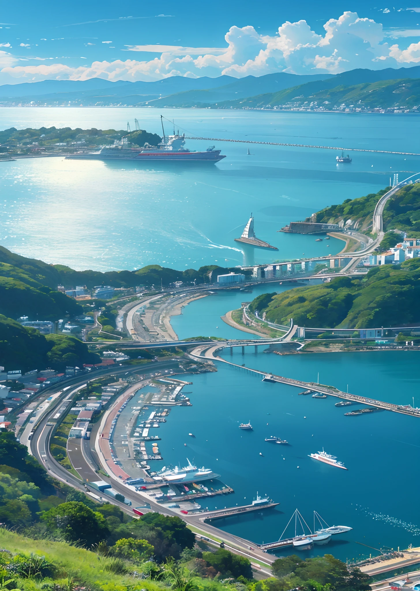 nature scenery、A crystal clear sea that stretches to the horizon、A seaside town in the foreground、Cruisers are moored in the harbor、View from the top of the hill、Giant whale in the ocean、 --auto --s2