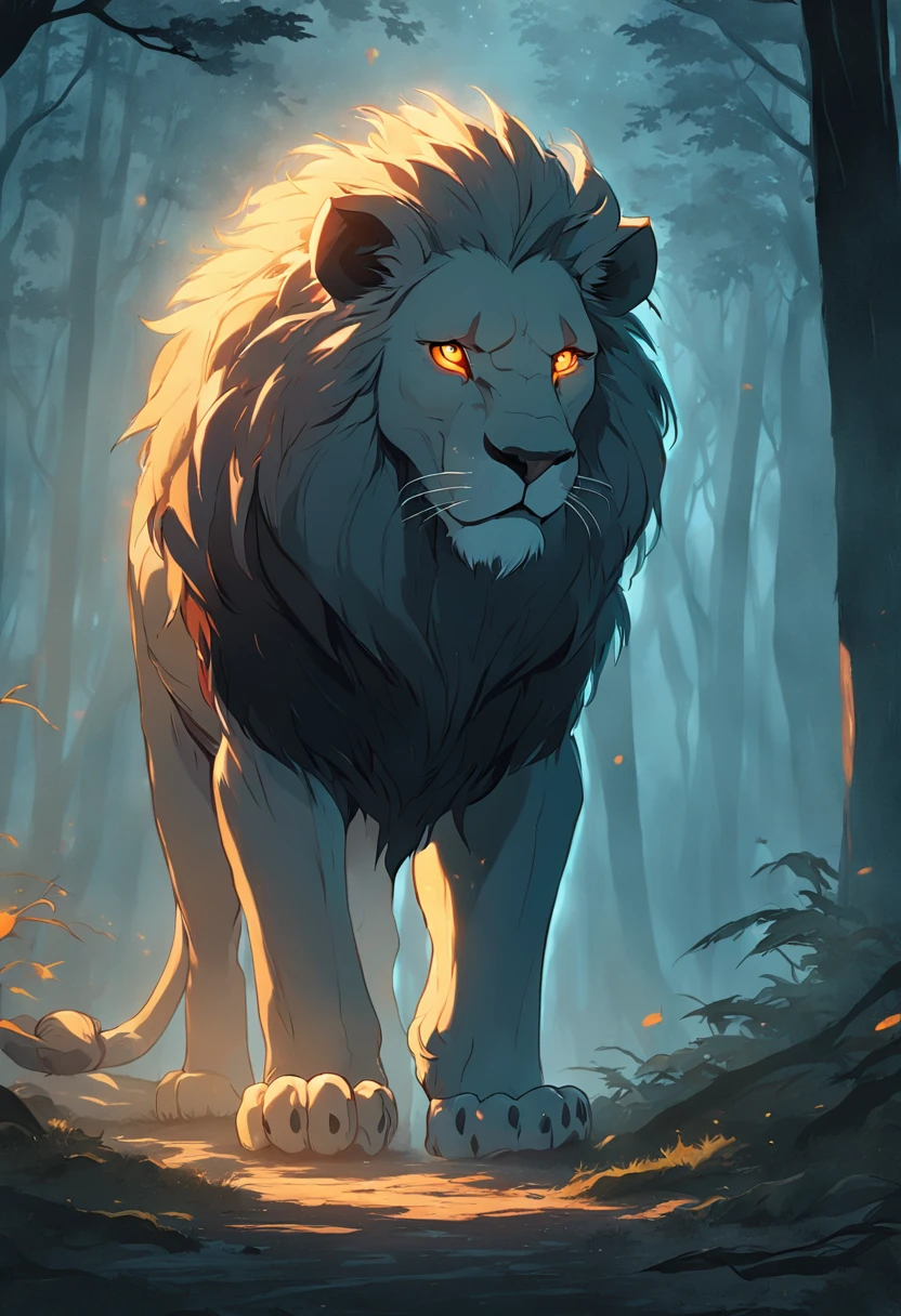 "((masterpiece)) Lion in the ((foggy)) magical dark forest at late dusk time, with ((strong dark shadows recommended for scene:1.2)), a glowing magical lion, fierce, concept art, digital painting."