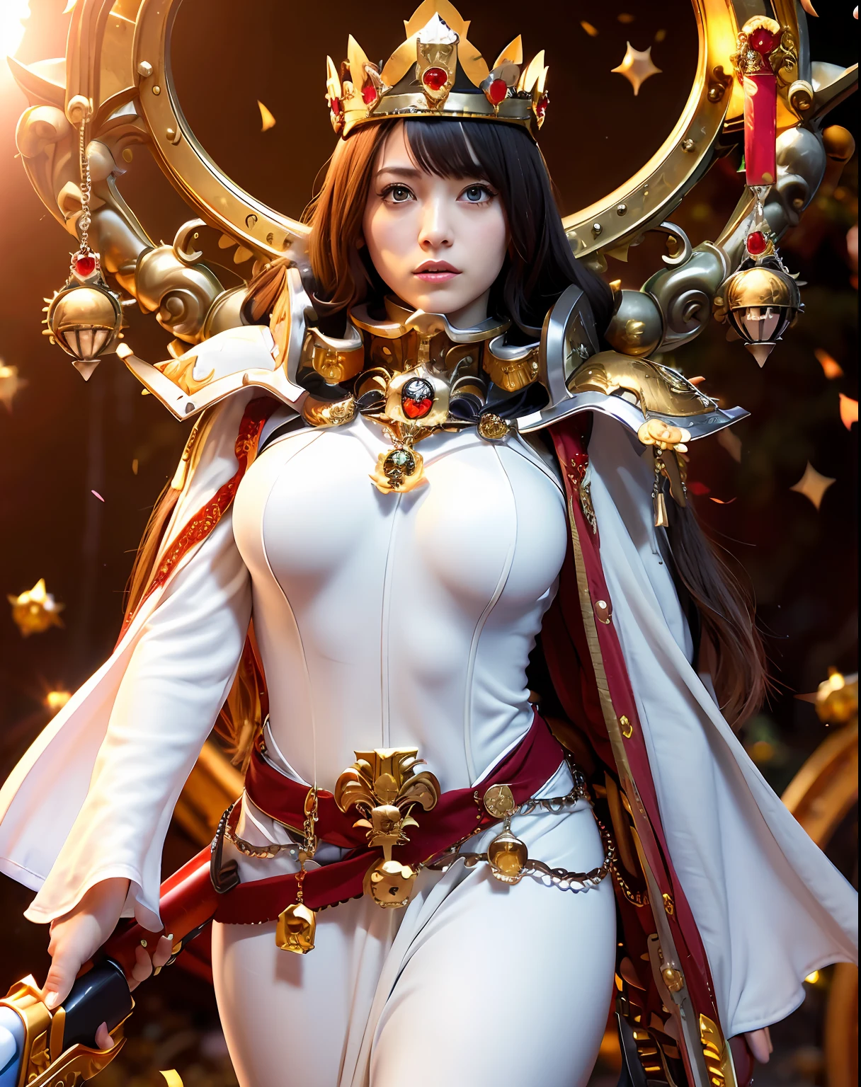(masutepiece), Professional , masterpiece、top-quality、photos realistic , depth of fields ,(Wind element),close-up,dream magical,tornado,Lightning,(Gemstone Gold Jewel Body:1.6),(Matte White、Jewel Gold Weapon_、(Metal:1.4),Gorgeous Jewel Metal Weapons ,(( Detailed Sword of the Brave)) , Black castle background ,warhammer 40k , adepta sororitas,Detail and ornate jewel crown、Brown hair、((Gangle's forest background))、Beautiful Caucasian beauty、1a person、dynamic ungle,(((Detailed and ornate diamond crown)))、Particles of light、cleavage of the breast、Battle Pose、