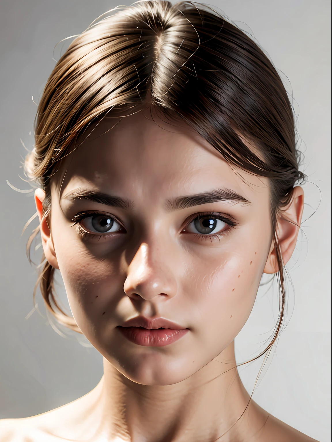 photorealisitc face, upper body, best quality, upper body, high def, subsurface scattering, detailed, 1girl, closed mouth, realistic skin, solo, detailed eyes, face focus, (face close-up shot), (white background:1.2)