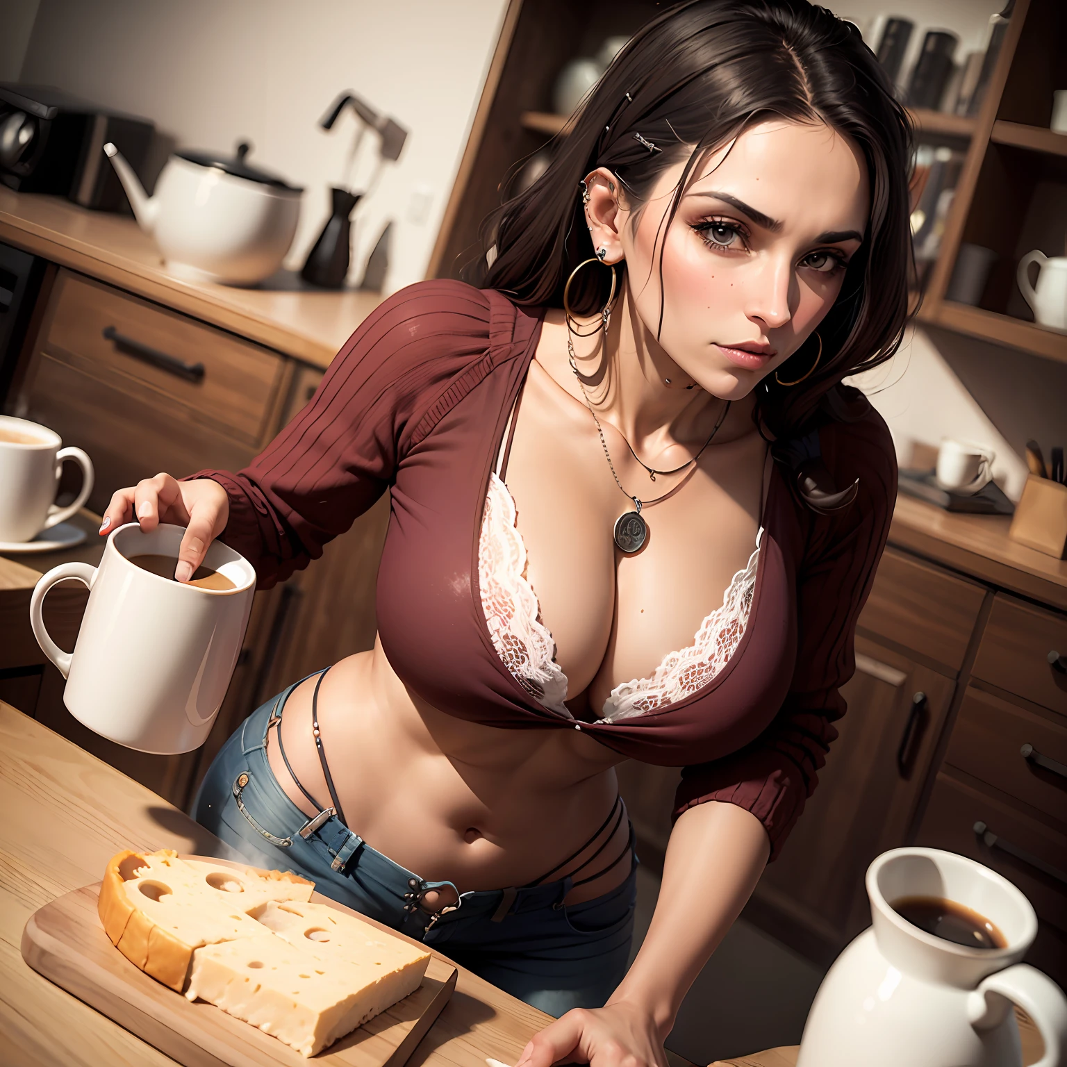 Mujer carnosa, coffee mug, pizarra escrita Pan & Queso, ((piercings en los pezones)), desmuda
